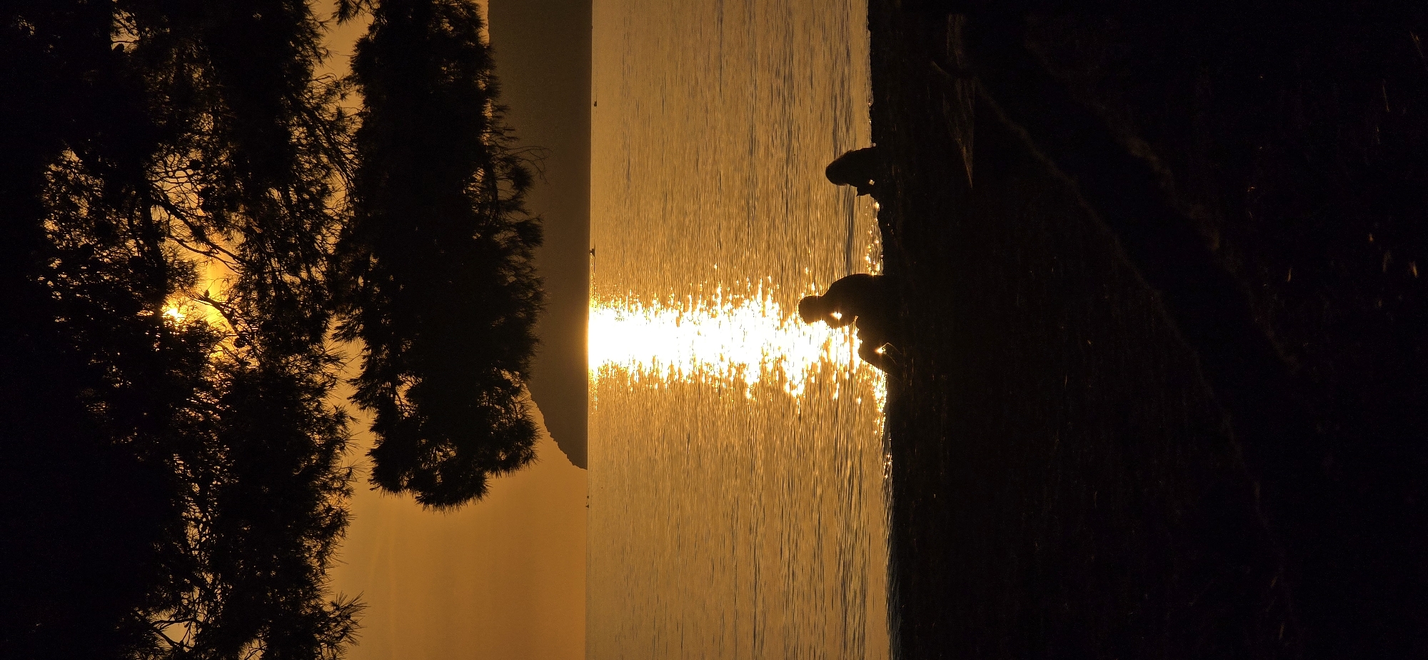 The image captures a sunset scene near the city of Bar, Montenegro. The sky is a gradient of yellow and orange, likely due to the setting sun. The sun's reflection is visible on the water, creating a shimmering effect. Silhouetted trees are on the left side of the image. On the right side of the image, there is a darker area, potentially a cliff or rocky structure. There are two silhouetted people standing on the rocks, one appearing smaller and possibly in front of the other. They appear to be observing the sunset over the water. The image is oriented sideways.