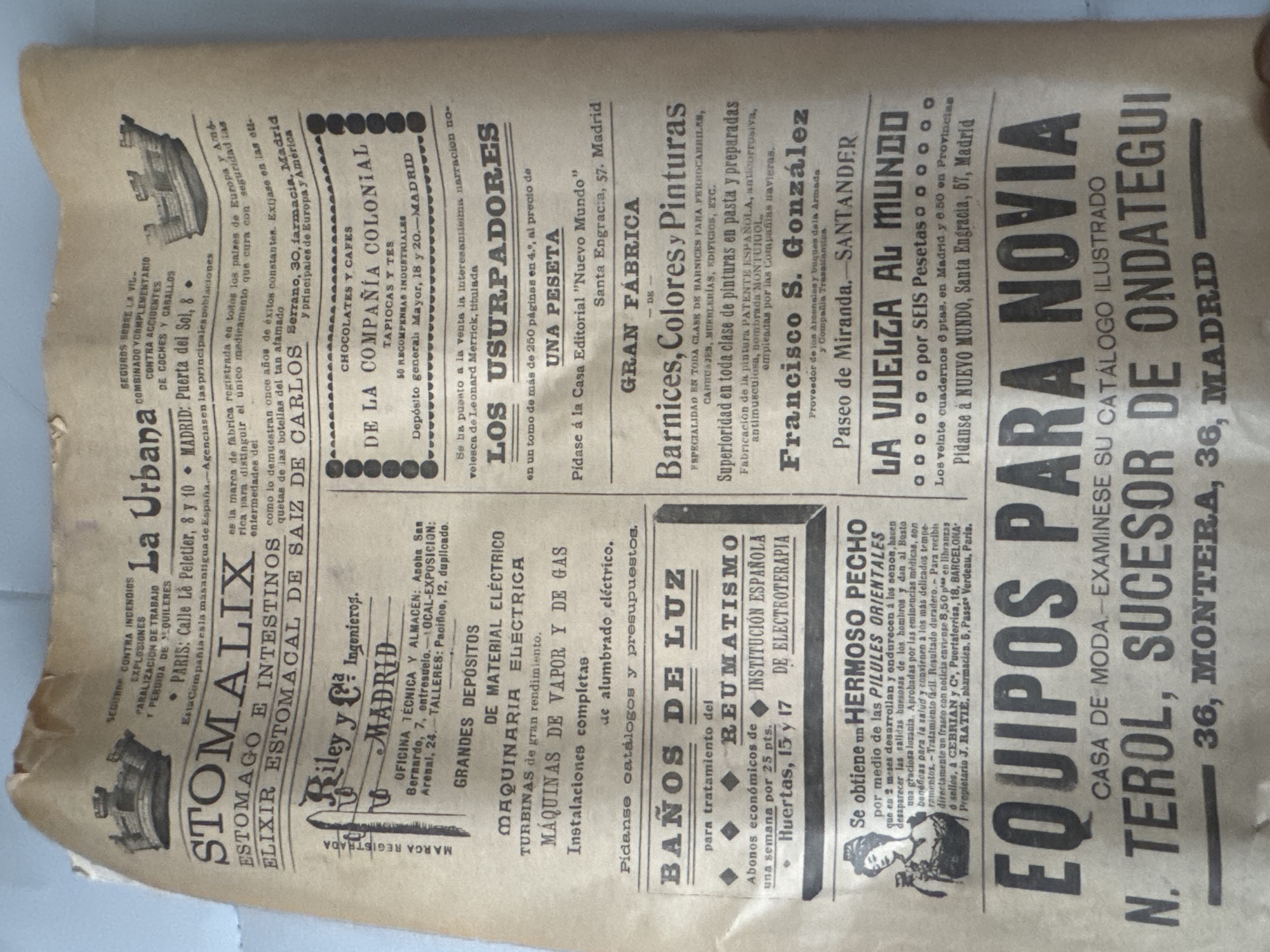 The image is an old advertisement in Spanish. It advertises various products and services including medical products, electrical equipment, building materials, and clothing for brides. There is a reference to a location in Barcelona, specifically "CEBRIAN y Co, Puertaferrisa, 18," in relation to a product called "PILULES ORIENTALES."