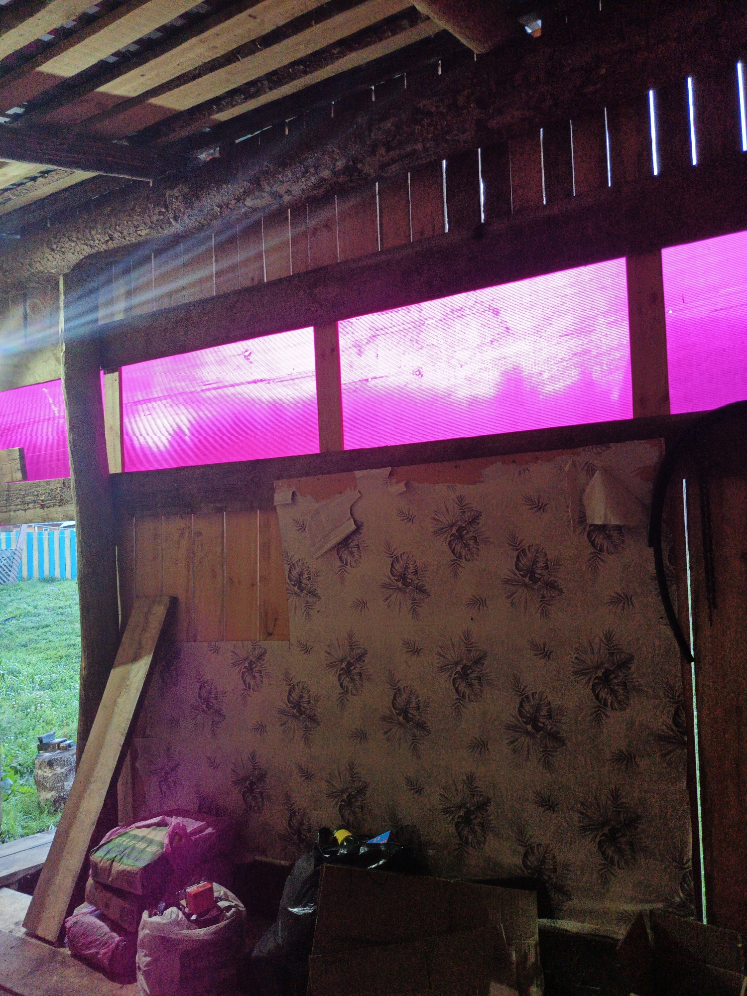 The image depicts the interior of a structure, possibly a barn or shed, with a wooden beam ceiling and walls. Large panes of translucent pink material, likely plastic sheeting, are installed in the upper portion of the walls, allowing light to filter through. Sunlight streaks through gaps in the ceiling and the pink panels. The lower portion of the interior walls is covered with wallpaper featuring a dark floral pattern. In the foreground, to the left, a stack of items wrapped in what appears to be fabric or plastic is visible. To the right, a cardboard box and several plastic bags are present. A wooden plank leans against the wall. Through an opening on the left, a glimpse of a grassy outdoor area with a blue and white striped fence is visible, suggesting a rural or semi-rural setting. The overall impression is of an unfinished or storage space. The location is specified as Islambaevo, Russia.