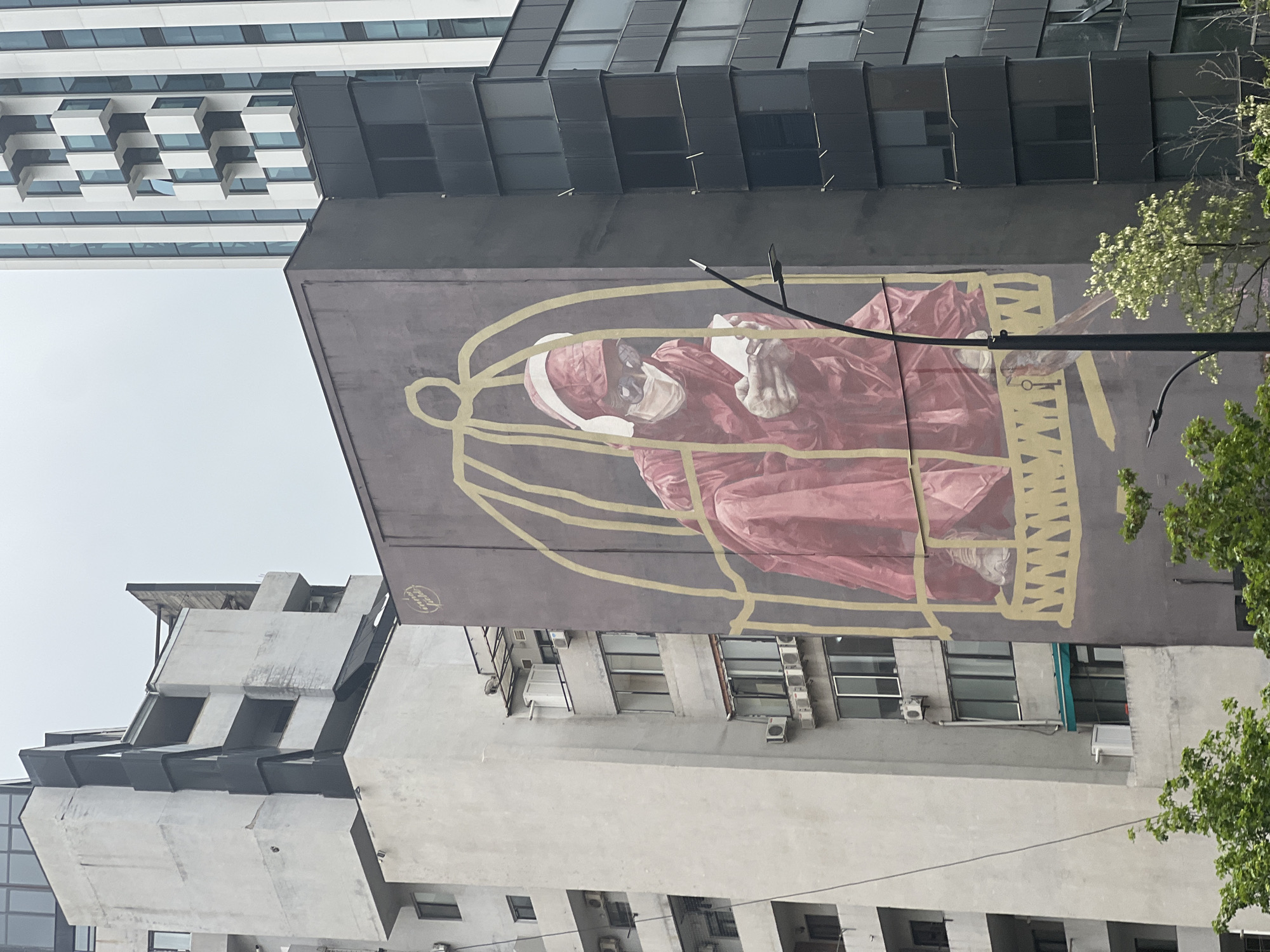 The image shows a mural on the side of a building in Tbilisi, Georgia. The mural depicts a figure wearing a face mask and red robes, inside a cage drawn with yellow lines. The figure appears to be reading. The mural is on a grey building and above and below are other buildings of differing design. A streetlight and some tree branches are visible. The sky appears hazy.