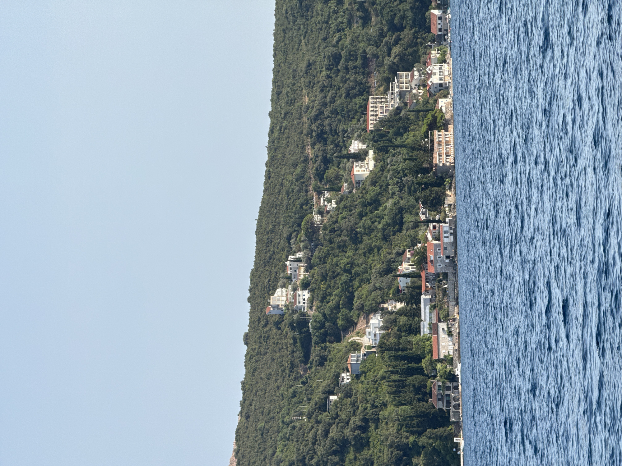 A long, horizontal view captures a coastal scene in Herceg Novi, Montenegro, under a clear blue sky. The foreground is dominated by the rippling blue surface of the sea, its waves creating a textured expanse. Along the middle ground, the coastline is lined with a cluster of buildings, varying in size and architectural style. Some structures are low and sprawling with red-tiled roofs, while others are taller, white buildings perched higher on the hillside. Many are nestled amongst lush green trees that cover the steep slopes of the mountain rising behind the town. The hillside itself is densely forested, with winding paths visible between the trees and buildings. In the distance, the hazy outline of more hills can be seen. The overall impression is one of a Mediterranean coastal town built into a verdant mountainside.