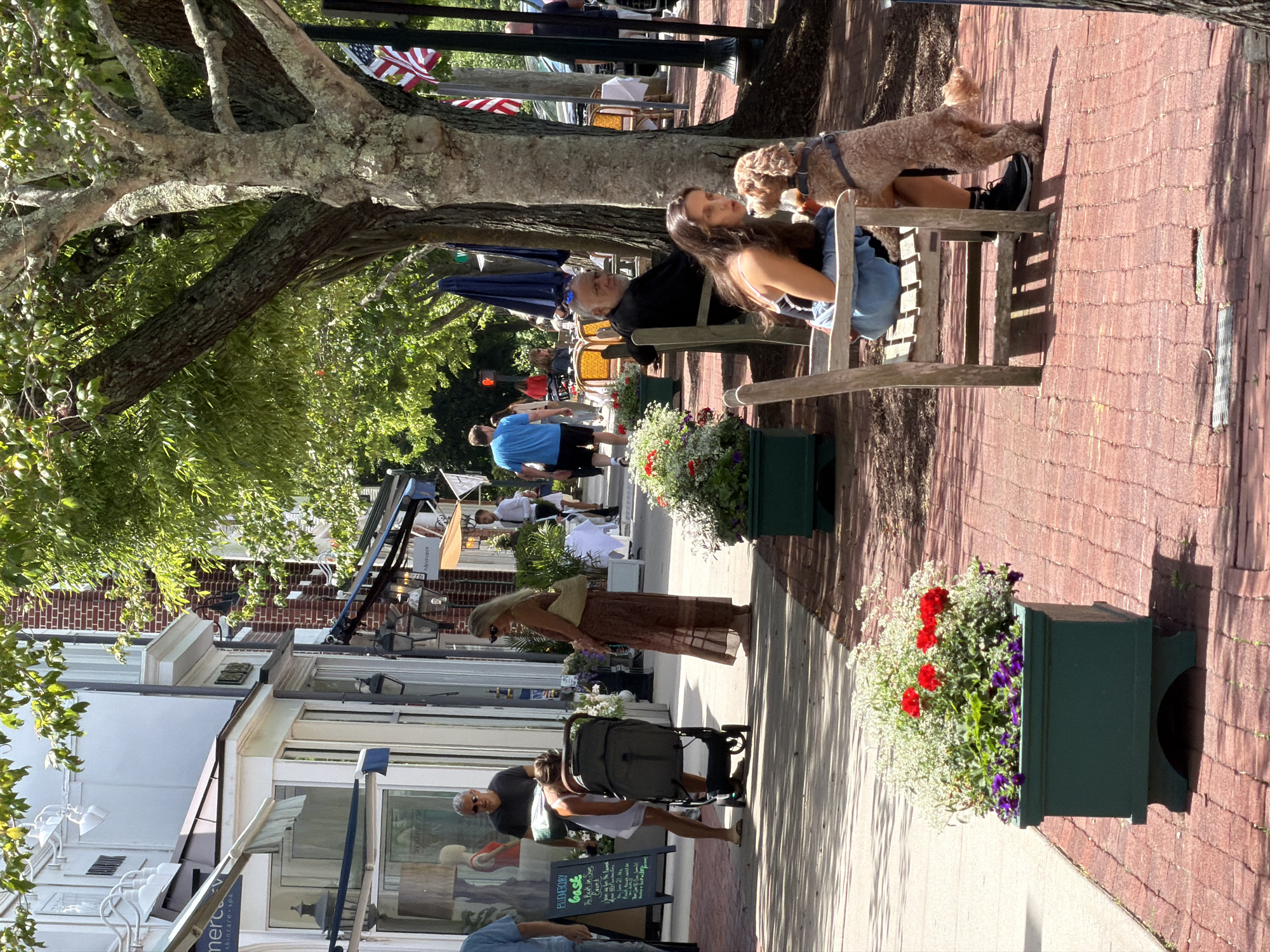 The image depicts a sunny outdoor scene on a brick sidewalk lined with trees and storefronts, likely in the Village of Southampton, United States of America. A woman with long brown hair is seated on a wooden bench, looking towards a golden-brown poodle that is standing on its hind legs, reaching up towards her. The dog is wearing a harness. A man with white hair and a dark shirt is seated on another bench behind and to the left of the woman, looking to his left.
In the background, several people are visible walking along the sidewalk or seated at outdoor tables. Storefronts with awnings are present on the left, featuring mannequins and signage. Planters with red and white flowers are placed along the sidewalk. American flags are visible hanging from poles. The scene conveys a relaxed, leisurely atmosphere.