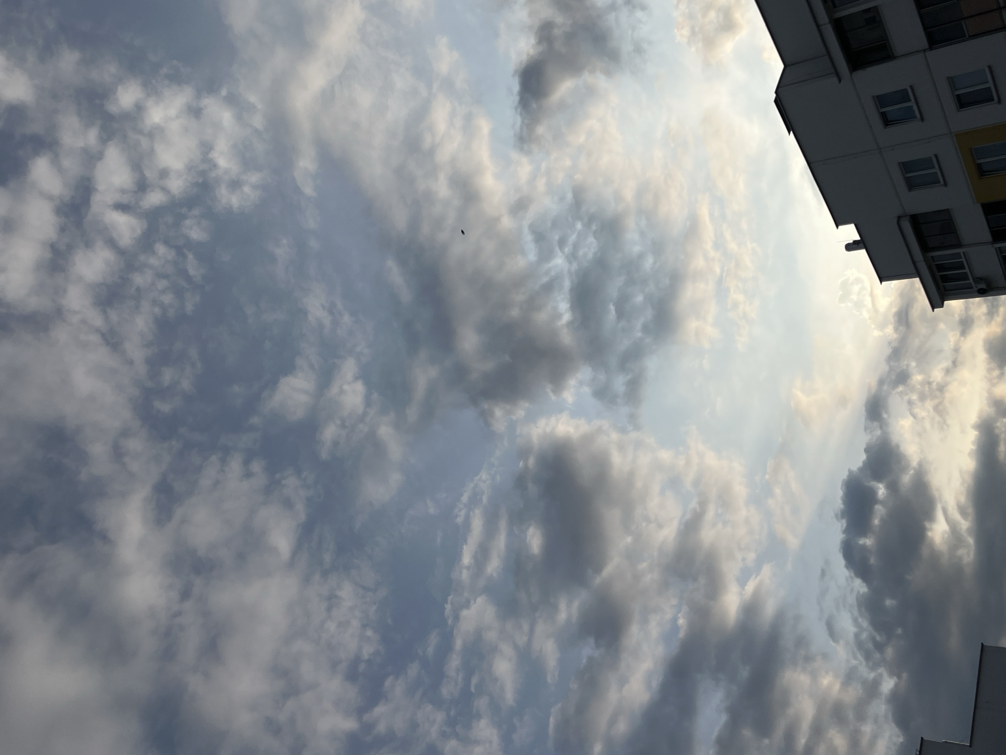 The image captures a view of a building against a cloudy sky, likely in the Senitsky Sel'skiy Soviet, Belarus. The sky is filled with a mix of light and dark grey clouds, with some areas of pale yellow and blue peeking through, suggesting either dawn or dusk. A faint silhouette of what appears to be a bird is visible in the upper central portion of the sky. In the lower right of the frame, the upper section of a multi-story building is visible. This building has a white facade with several windows, some of which are dark, and a dark-colored sloped roof. A chimney or vent pipe is also present on the roof. The overall scene is one of an urban or suburban environment under a dynamic sky.