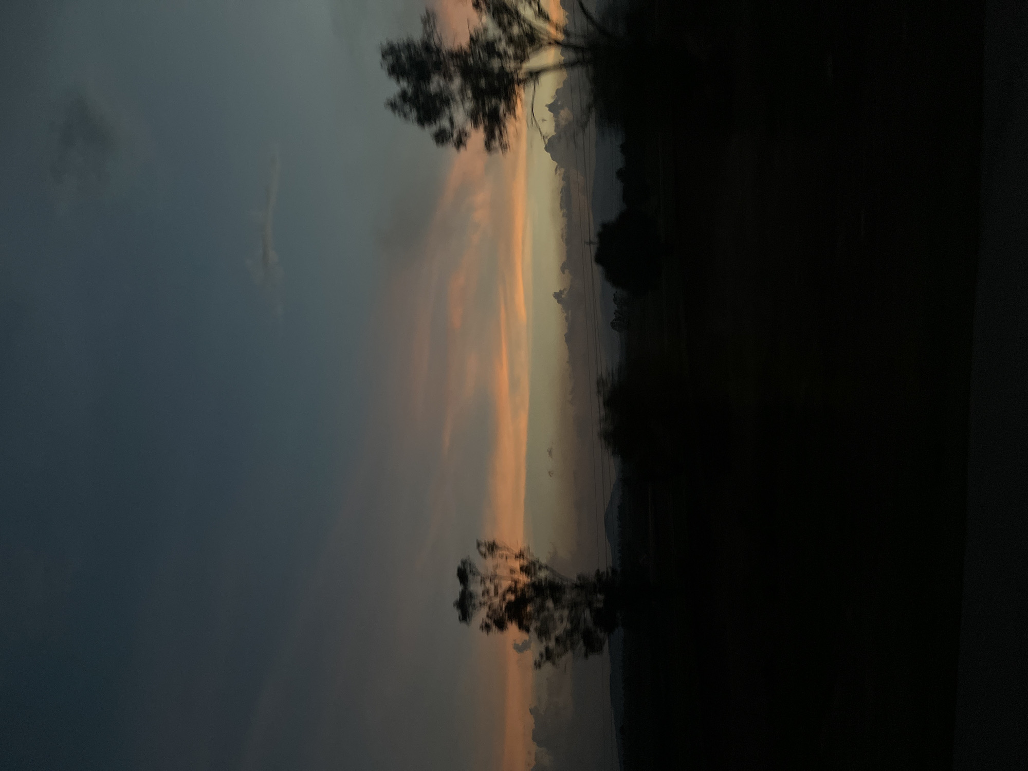The image shows a landscape scene at dusk, with the sky taking up a significant portion of the frame. The left side of the sky is a dark, stormy gray, transitioning to a soft orange and yellow towards the center, indicating a setting sun or a bright source of light obscured by clouds. Silhouetted trees are visible against the sky, appearing blurred, which may suggest movement or a shallow depth of field. The lower right portion of the image is almost entirely black, obscuring details of the foreground. The horizon line is not clearly defined, as dark vegetation or structures blend into the shadows. It is difficult to confirm the location is El Triángulo, Mexico without additional context or visual cues. No people, actions or interactions are evident in the image.