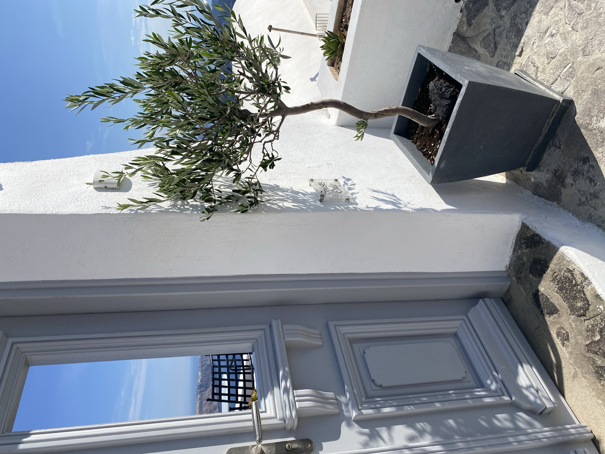 The image depicts a sun-drenched scene on a terrace, likely in Thira, Greece, characterized by whitewashed walls and traditional architecture. In the foreground, a light gray, paneled door with ornate trim is ajar, revealing a glimpse of a blue sky and a distant coastline. To the right of the door, a small, slender olive tree in a dark gray planter adds a touch of greenery to the scene. Above the planter, a small, translucent sign reads "Guests Only." The ground is paved with rough, uneven stones, and shadows from the olive tree and possibly nearby structures are cast across the surface. The overall impression is one of serene Mediterranean charm, hinting at a private dwelling or boutique accommodation with a view.