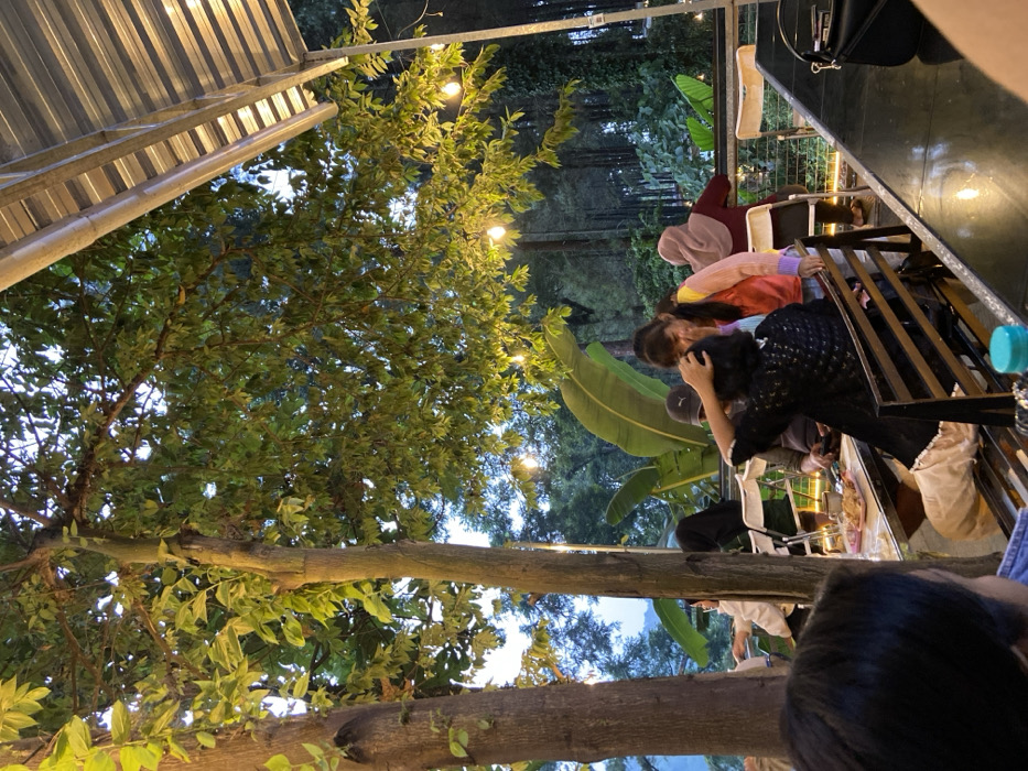 The image depicts an outdoor dining or social area located in the city of Cembor, Indonesia, during dusk or early evening. The scene is illuminated by overhead string lights featuring exposed bulbs, casting light on the surrounding environment.

The environment is characterized by significant natural elements. Two prominent tree trunks with dense green foliage occupy the left and center of the frame. A corrugated metal roof structure is visible in the upper right. The background consists of lush, dense vegetation, including large banana-like leaves and a forest of tall, slender trees, suggesting a natural or elevated setting. A metal railing separates the immediate activity area from this forested backdrop.

Six individuals are discernible within the frame. In the immediate foreground, the back of a person's head and shoulder with dark hair are partially visible on the left. To the left-midground, a person wearing a white top and possibly a headscarf is seated, facing left. In the center, a person with dark hair, wearing a dark patterned top, is seated on a dark metal bench, their right hand touching the back of their head or hair. Adjacent to them, another person with long dark hair, wearing a multi-colored (pink, yellow, purple) long-sleeved top, leans towards the first, engaged in a close interaction. Further right, a person wearing a light brown hijab and a maroon top is seated with their back to the camera, looking towards the background forest. A seventh individual wearing a dark cap is partially obscured behind the central figures.

Objects visible include dark-surfaced tables, one supporting a plate of fried food items and multiple cups. A black handbag rests on a table in the foreground right, next to a visible light blue bottle cap. White plastic chairs are also scattered around the tables.