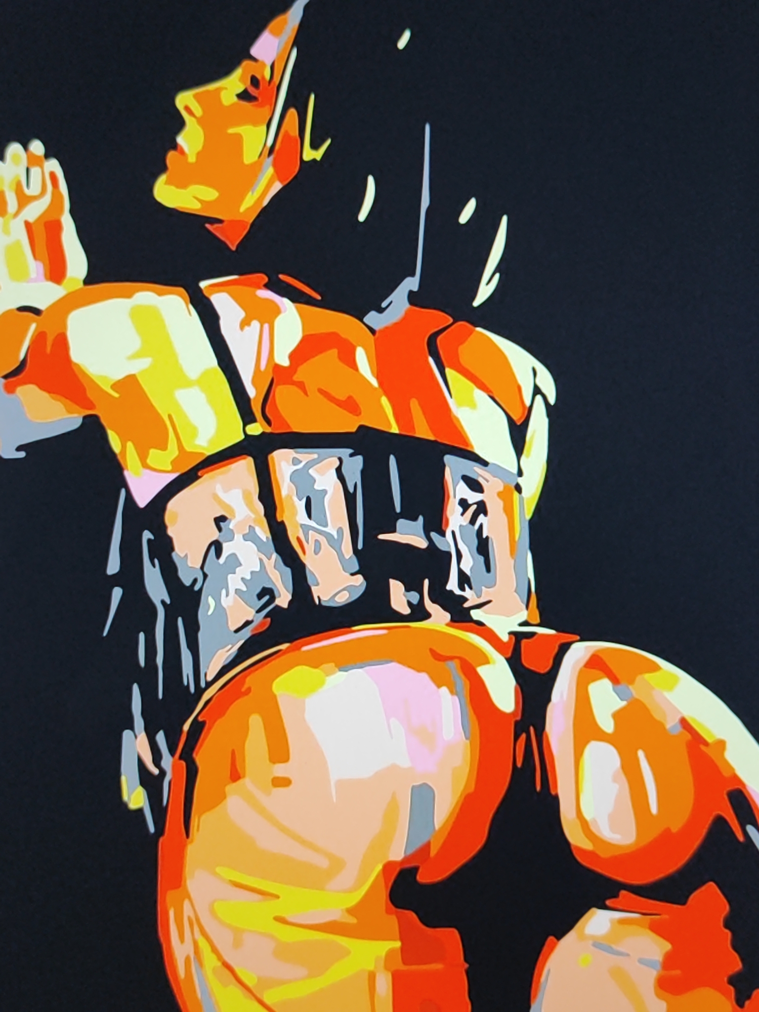 This is a close-up, stylized painting of a person's upper body, viewed from behind and slightly to the side. The figure is rendered in bold, flat blocks of color, primarily shades of orange, yellow, and cream, contrasted against a solid black background. The style suggests a graphic or pop art aesthetic, with sharp lines and minimal detail.
The subject appears to be wearing a dark, strappy garment that cinches the waist like a corset. The figure's face is partially visible in profile, looking upwards and to the left, with hands clasped together in a gesture that could be interpreted as prayer, supplication, or contemplation. The lighting is dramatic, emphasizing the contours of the body and creating a sense of volume through the use of color gradients and stark highlights. The overall mood is intense and visually striking, with the vibrant colors and stark contrasts creating a dynamic composition. There are no visible text elements in the image. The location context of Fergana City, Uzbekistan is not discernible from the visual information in the image itself.