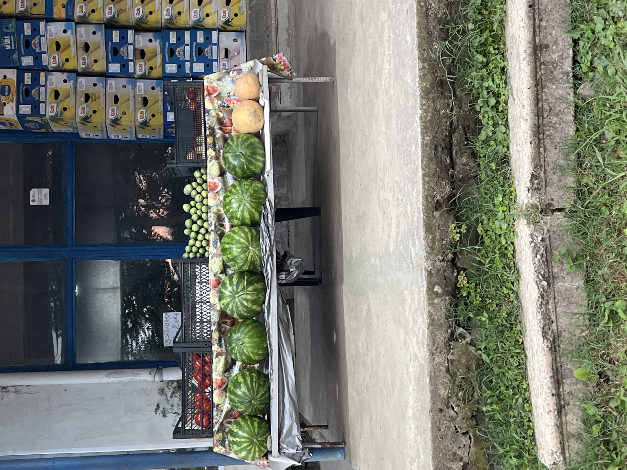 A street-side produce stand is set up in front of a building. The stand has a checkered tablecloth draped over it, on which are displayed several watermelons and two cantaloupes. Behind the watermelons, in black plastic crates, are piles of tomatoes and green grapes. Further back, stacked boxes of bananas are visible. The ground in front of the stand is concrete, with a small patch of grass and weeds visible at the bottom of the image. The building behind the stand has a blue window frame and appears to be an older structure. The overall scene suggests a rural or semi-rural market setting.