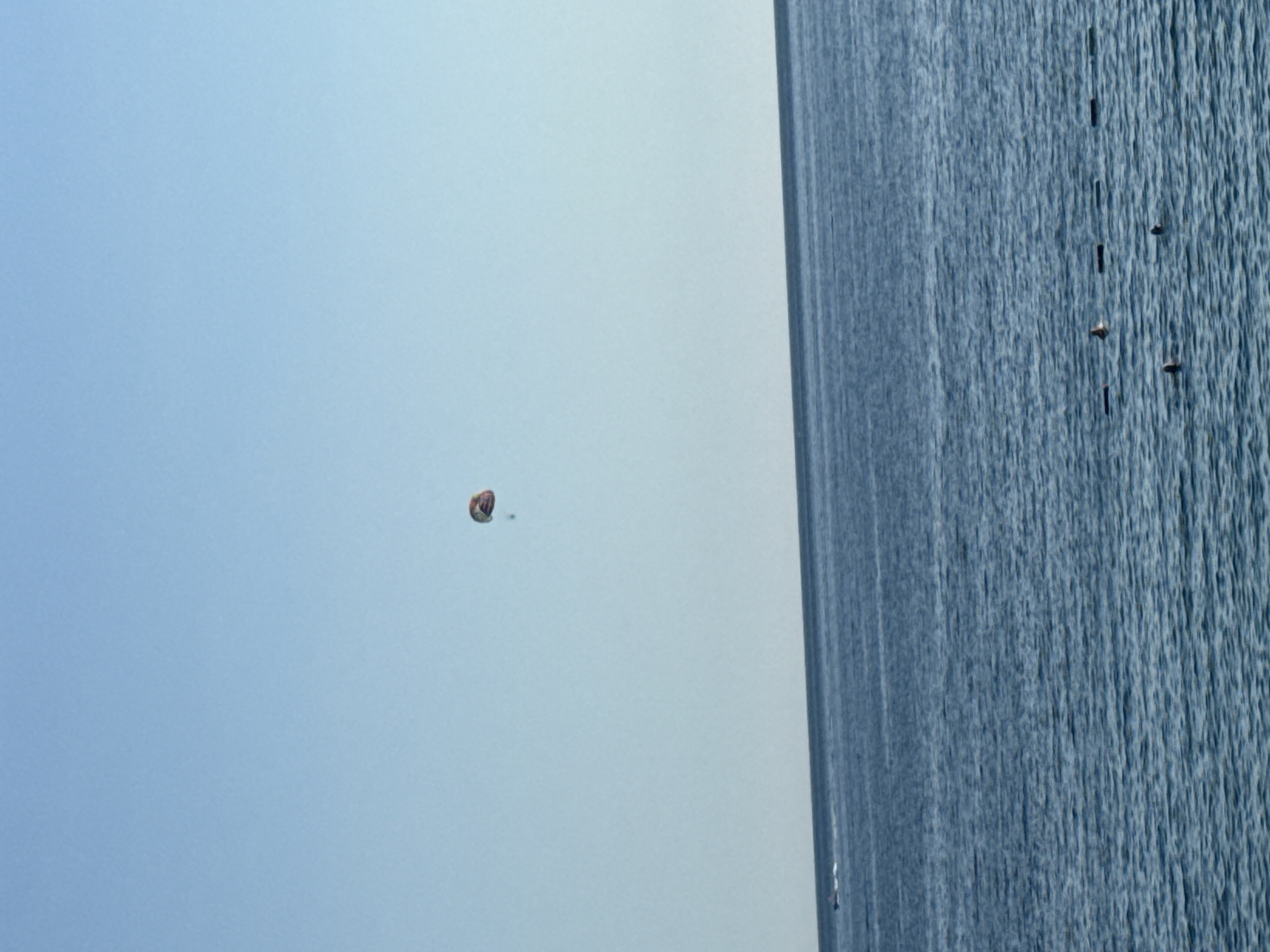 An overhead drone shot captures a vast expanse of deep blue ocean under a clear, pale blue sky. A parasailer, a colorful splash against the sky, is suspended high above the water. The horizon line is sharp, dividing the sea and sky. In the distance, a small boat leaves a white wake on the water. Closer to the foreground, several buoys mark a swim zone, and a few people are visible in the water, their heads and shoulders breaking the surface. The scene suggests a serene day at the beach in Kamenovo, Montenegro, with recreational activities taking place.