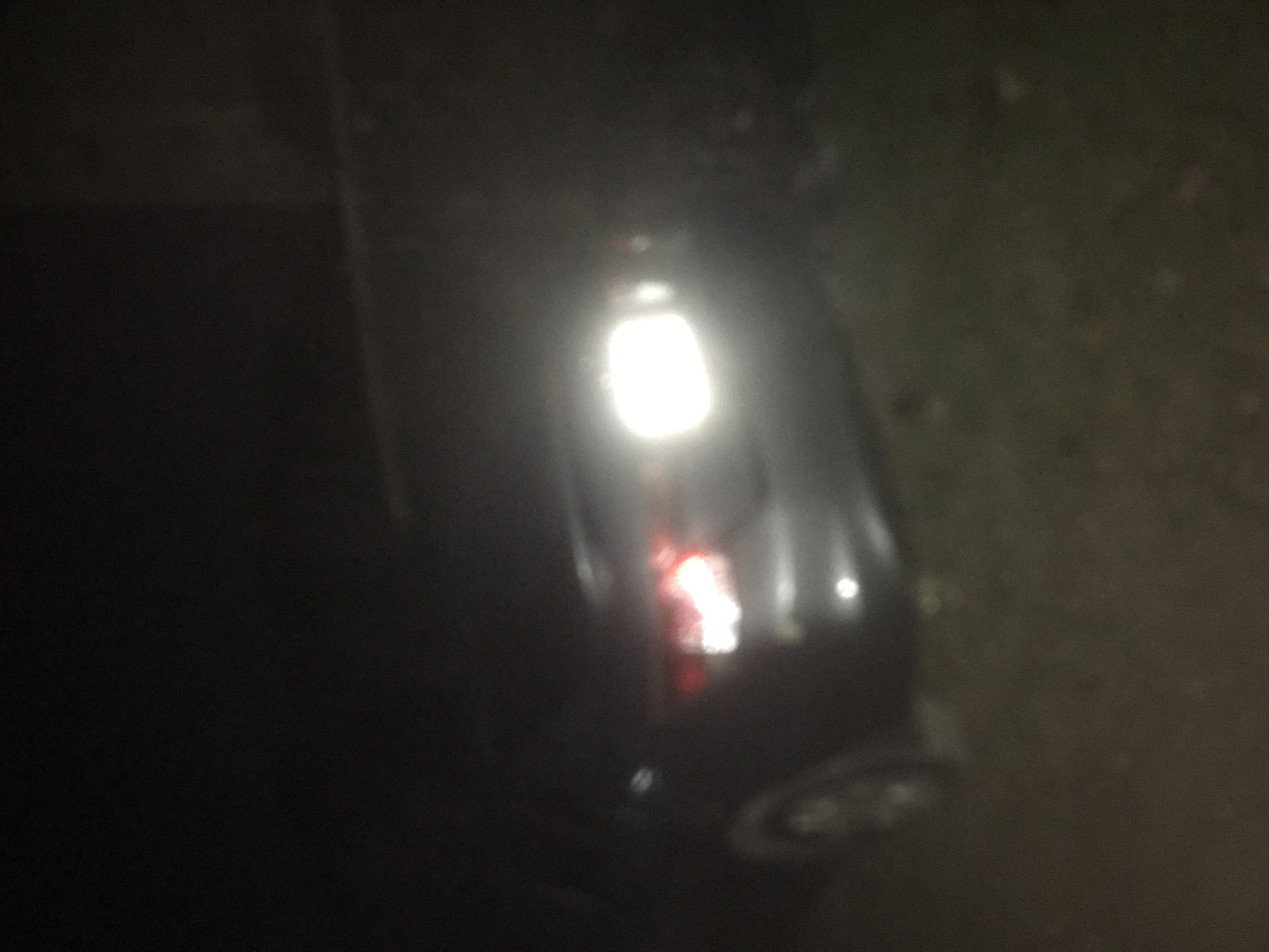 A blurry, dark image shows the rear of a car at night. The car's brake lights are illuminated, casting a bright white glow. The vehicle appears to be parked on grass or dirt, with some foliage visible in the foreground and background. The overall scene is indistinct due to the low light conditions and lack of focus.