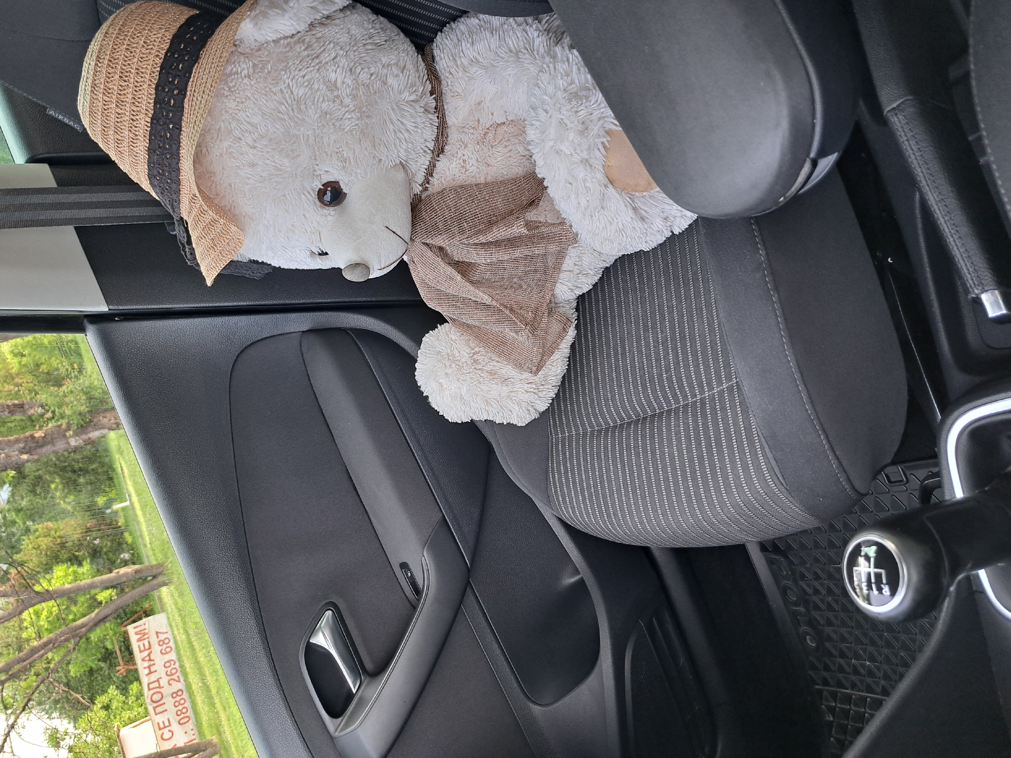 A slightly rotated photograph shows the interior of a vehicle with a stuffed bear wearing a hat on the passenger seat. The bear is white with brown accents and is wearing a straw hat with a black band. The seat is upholstered in a dark gray fabric with a light gray stripe pattern. The door panel is visible on the left side of the image and features a silver door handle. A sign is partially visible outside the car window, with text in a language other than English. The gear stick of the vehicle is visible on the right side of the image. The vehicle appears to be parked outdoors, as indicated by the trees and grass visible through the window.