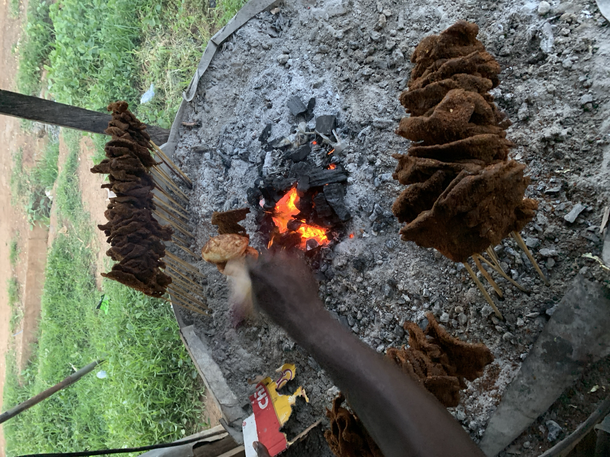 An overhead shot captures an outdoor cooking scene, likely in Jos, Nigeria, featuring a makeshift grill on the ground. A dark-skinned person's hand is visible in the lower right, reaching towards a crackling fire and glowing embers at the center of a charcoal and ash-covered area. Several skewers of dark, seasoned meat, characteristic of Nigerian Suya, are arranged around the heat source. A prominent stack of these meat skewers stands on the left side of the frame, with another smaller cluster on the right. One skewer positioned closer to the fire holds a lighter-colored item, possibly a piece of yam or potato, cooking alongside the meat.
The cooking setup is informal, with a bed of ash and burning charcoal providing the heat, surrounded by a rough, concrete-like border. In the background, green grass and patches of dirt indicate an outdoor, possibly roadside, environment. The visible flames cast a warm glow, suggesting the time of day might be late afternoon or dusk. Near the person's hand, a torn piece of cardboard in red, yellow, and white colors is visible, with partial text including "C," "IT," and what appears to be "D O" or "B O." The scene depicts a functional and traditional food preparation activity.