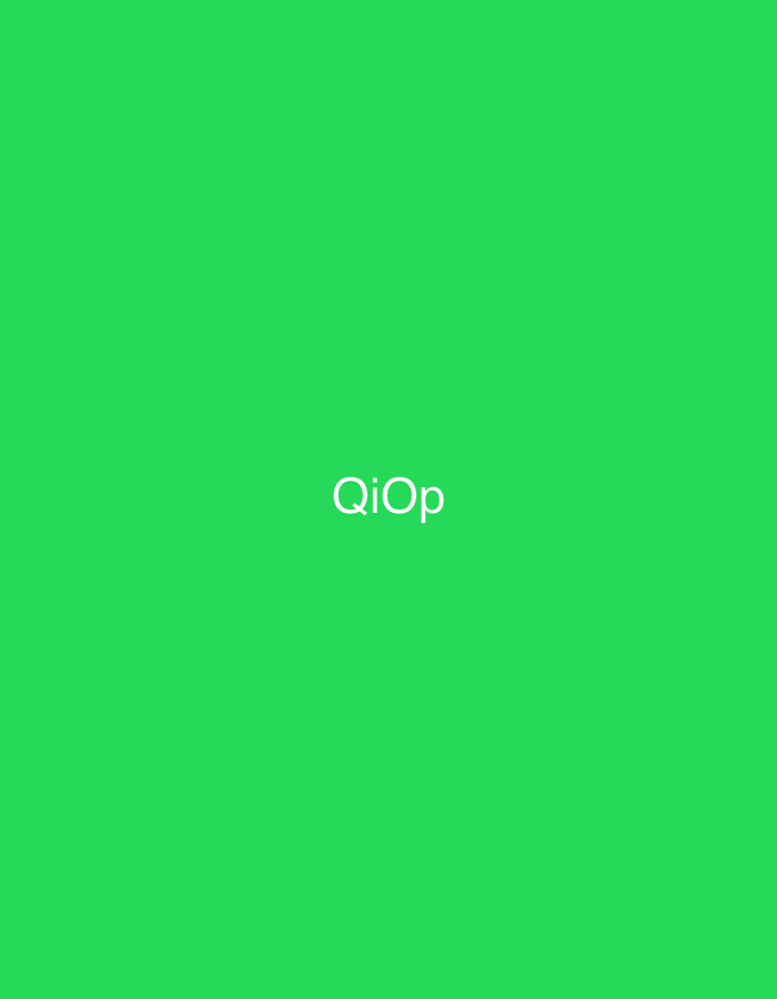 The scene, set in the city of Casablanca, Morocco, displays a minimalist graphic with a solid, vibrant green background. Centrally positioned on this uniform green field is the white, sans-serif text "QiOp". No other visual elements, such as people, specific objects, or environmental details, are depicted within the image frame.
