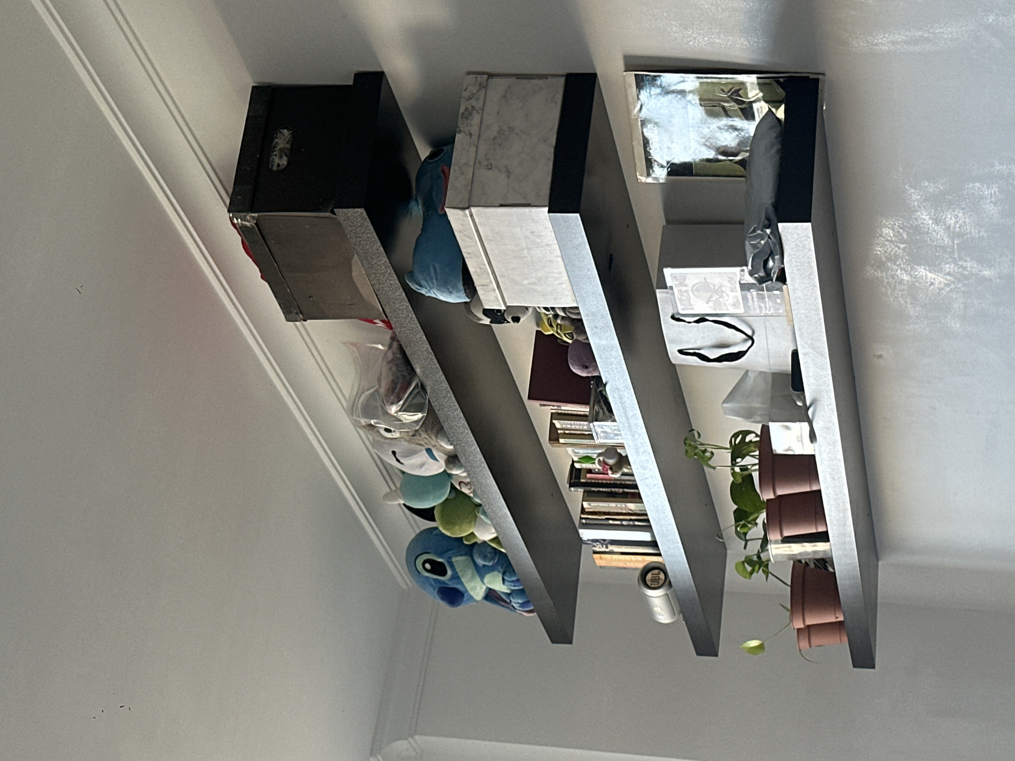 The image depicts three shelves mounted on a white wall. The shelves are filled with various items including books, plush toys, plants in terracotta pots, and boxes. The location is not identifiable as Moscow, Russia, based on the image content.