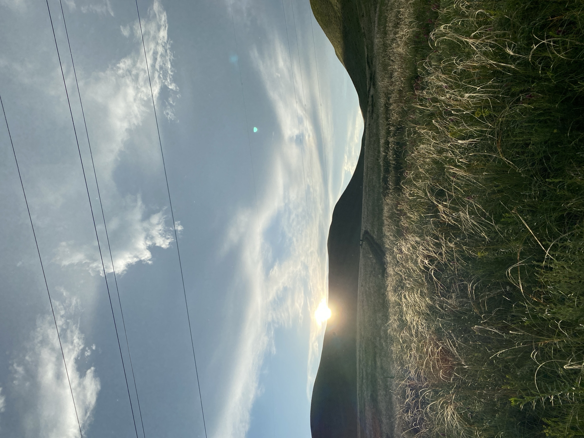 A landscape photograph captures a vast, grassy field with rolling hills under a partly cloudy sky. The sun is setting behind the hills, casting a warm glow and creating lens flare. Power lines are visible across the top of the frame. The foreground is dominated by tall, feathery grass, some of which is illuminated by the setting sun. A faint path is visible winding through the field towards the hills. The scene is peaceful and natural, with no people or man-made structures other than the power lines. The location is identified as Verkhneozernoye, Russia.