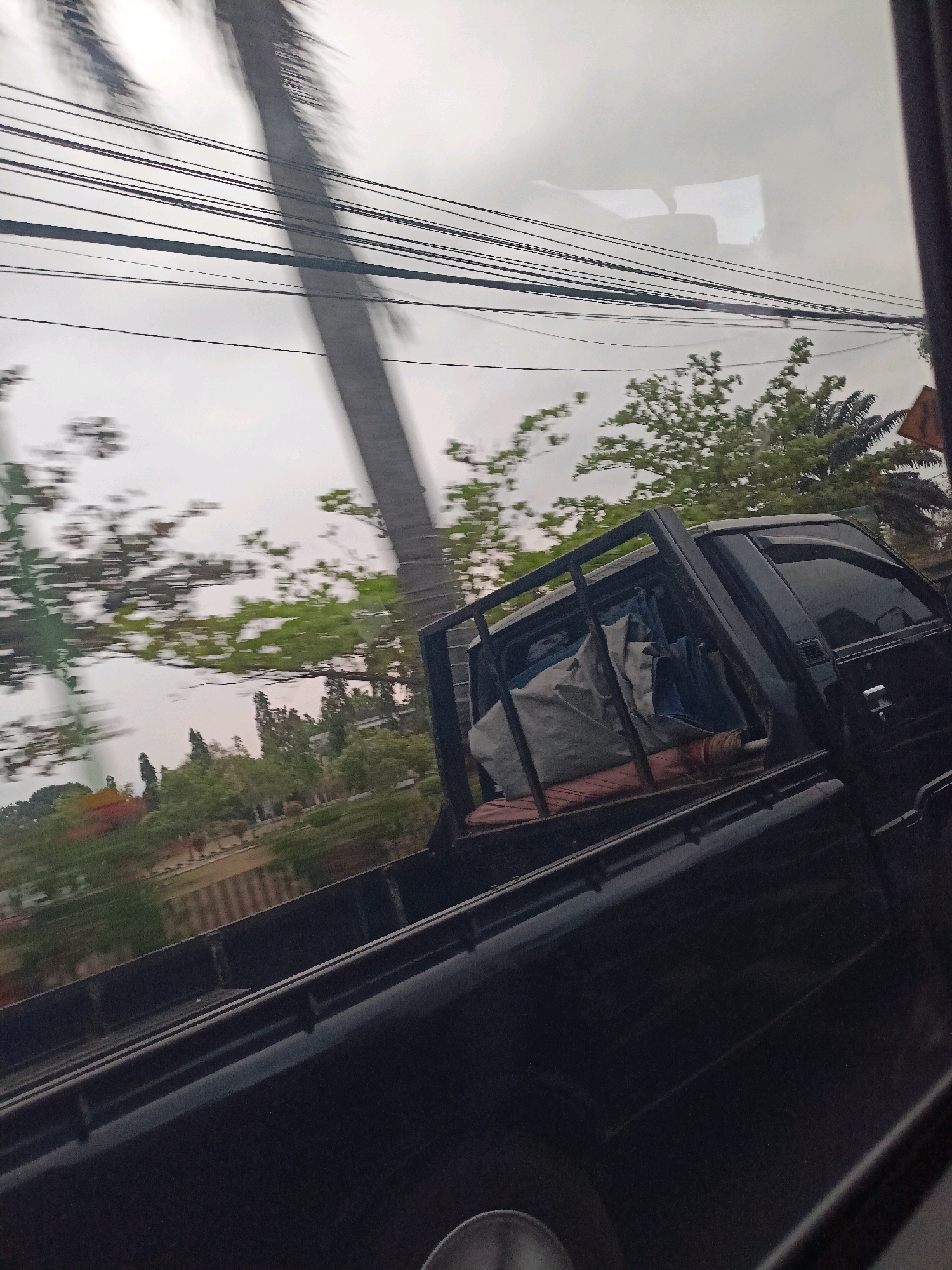 The image depicts a view from a vehicle, likely a car, traveling on a road in Payaman, Indonesia. The foreground is dominated by the black exterior of the vehicle, showing the side of the truck bed and part of the passenger cabin. A black pickup truck with a cage-like structure in the bed is visible, laden with what appear to be bundles of fabric or tarp. The truck is in motion, evidenced by the motion blur of the surrounding environment.
The background reveals a street scene with numerous overhead power lines stretching across the frame. A tall, blurred palm tree is also visible, its fronds indistinct due to the motion. Beyond the power lines and palm tree, there are various trees and vegetation, with a few structures or buildings visible in the distance. The sky is overcast, contributing to a diffused light. A faint reflection of what appears to be the vehicle's interior, possibly the dashboard or windows, can be seen on the surface of the pickup truck. The overall impression is that of a journey through a semi-urban or suburban area on a cloudy day.