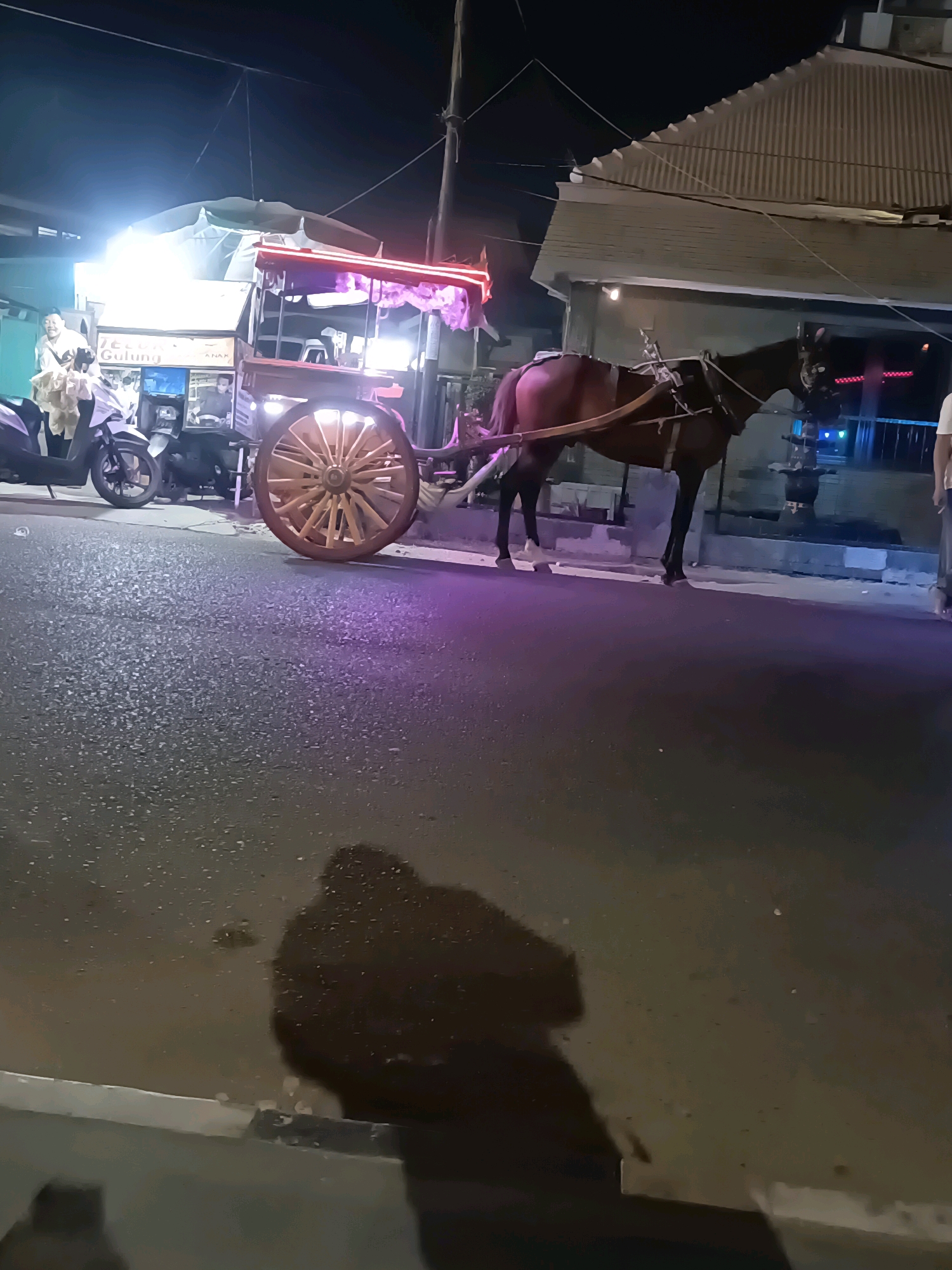 A horse-drawn carriage stands on a paved street at night, illuminated by colorful lights. The carriage has a wooden frame with decorative red and purple lighting. A brown horse is harnessed to the front of the carriage. In the background, a scooter is parked near a stall with a sign that reads "TELUR GULUNG ANAK". The scene appears to be in Lubuklinggau, Indonesia, as indicated by the text on the stall.