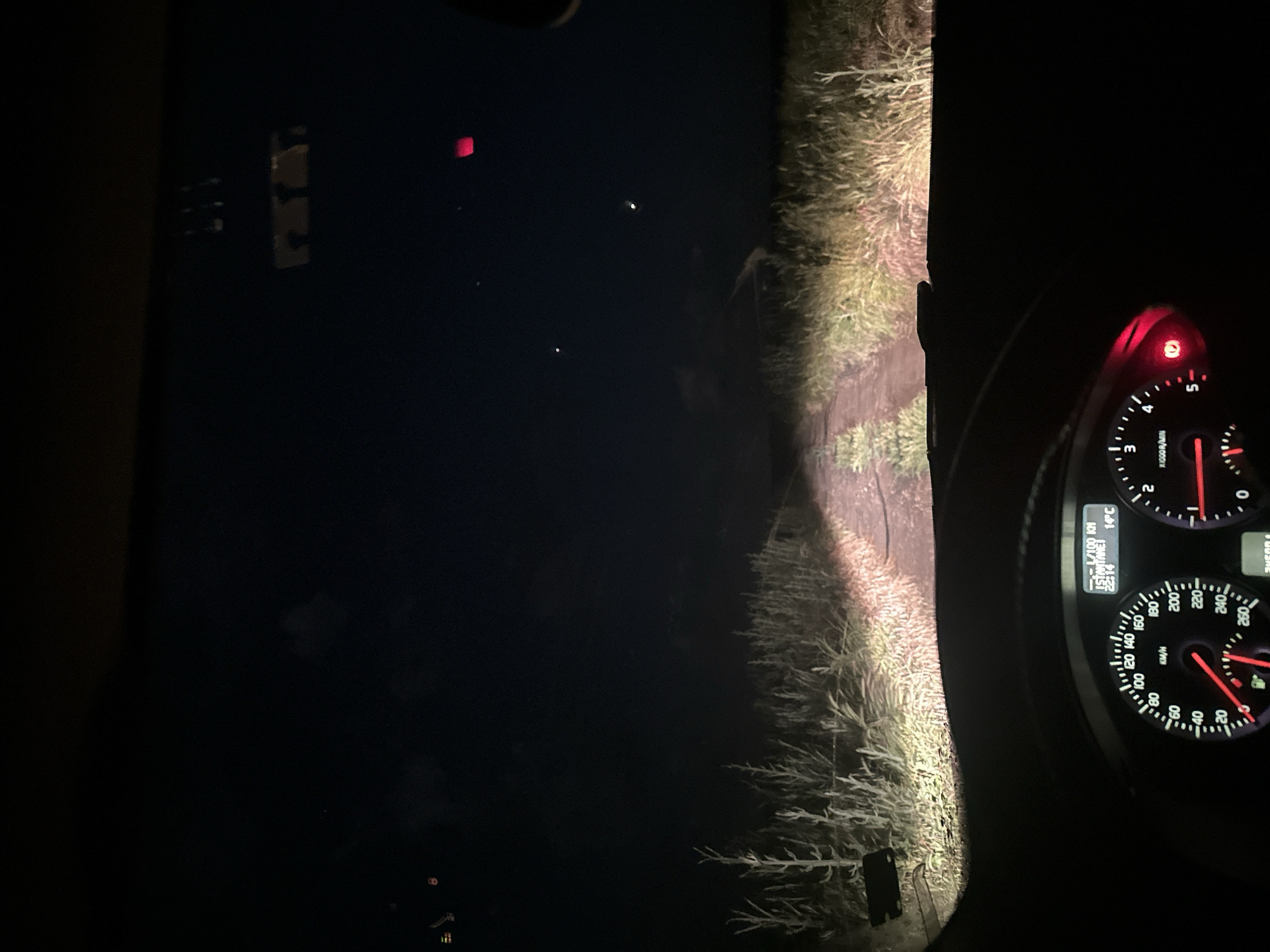 A nighttime view from inside a vehicle, likely a car, shows a dark and narrow road illuminated by headlights. Tall grass lines both sides of the road. The dashboard of the car is visible in the lower right corner, featuring speedometer, tachometer, and other instruments. The speedometer reads approximately 90 km/h, while the temperature is 14°C. The road ahead is dark, suggesting it is unlit. There is no evidence of any people, interaction or indication it is in the city of Jitnitsa, Bulgaria.