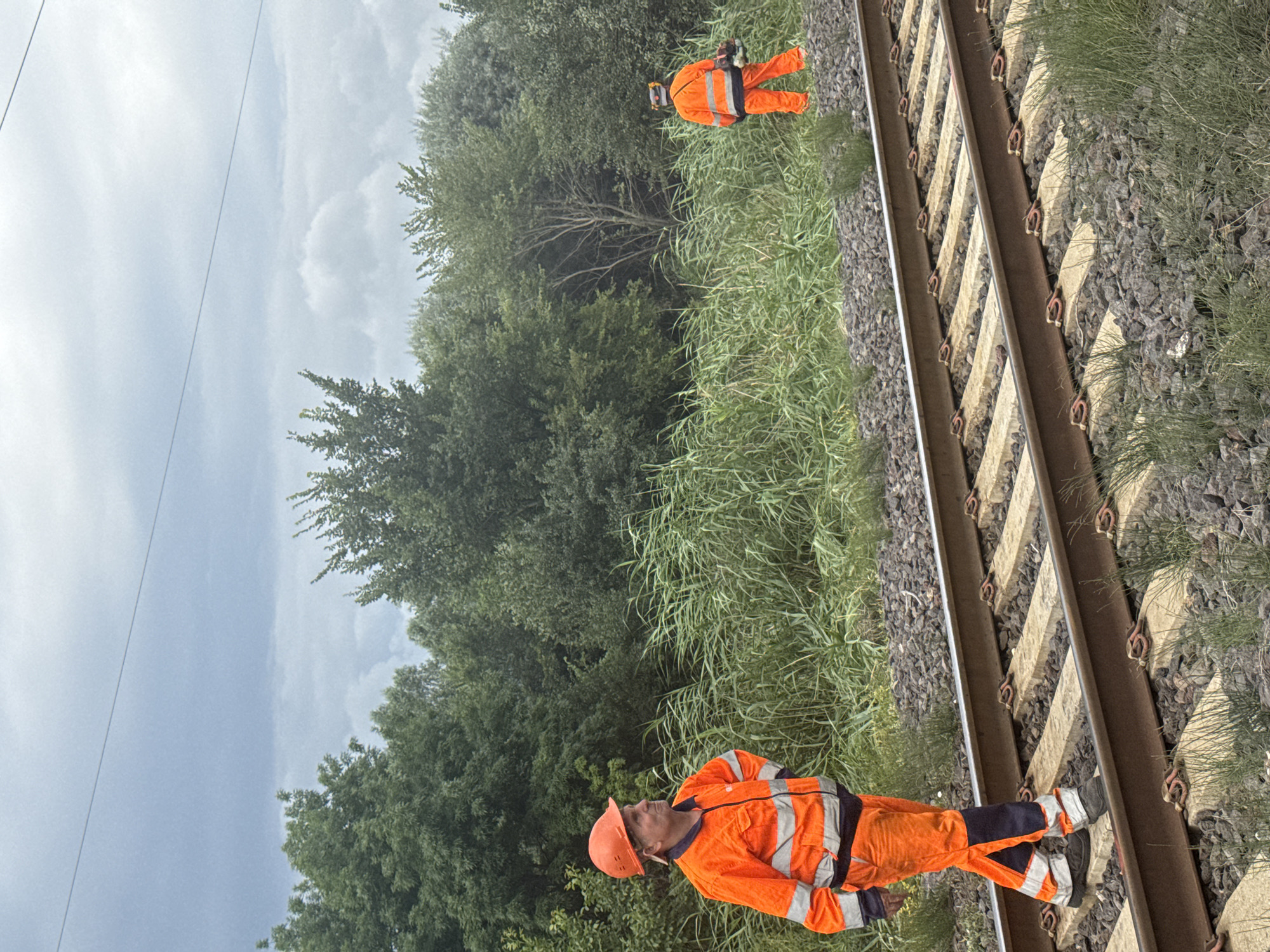 In Kvemo Khvedureti, Georgia, on a cloudy day, two individuals in high-visibility orange workwear are present. The foreground features a man wearing an orange hard hat, an orange jacket with reflective stripes, and orange pants. He is standing on railway tracks, with his hands on his hips, looking to the left. His attire also includes dark shoes and navy blue pants underneath the orange work pants. In the middle ground, another individual, also in orange workwear with reflective stripes, is seen from behind. This person is holding a tool, possibly a trimmer, and appears to be working or preparing to work. Both individuals are situated near a dense growth of tall, green reeds and lush trees line the background. The railway tracks consist of brown metal rails and light-colored concrete sleepers. The sky is overcast with clouds.