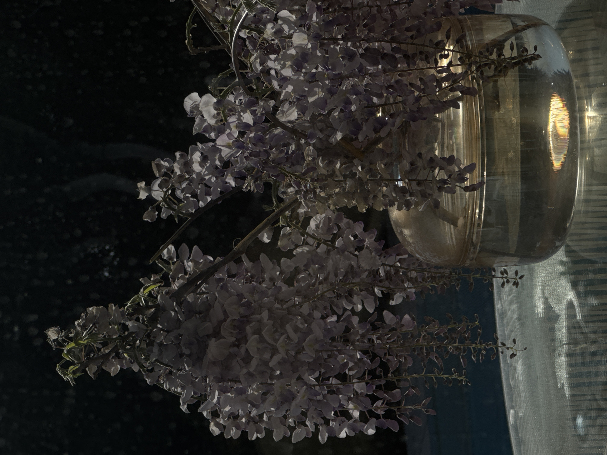 A vase with wisteria flowers is the focal point of the image. The vase, made of clear glass, is placed on a reflective surface, possibly a table, which adds depth and dimension to the scene. The wisteria flowers cascade out of the vase, exhibiting their delicate, purple hues. The light reflecting on the vase is a warm, golden color, contrasting with the cool tones of the wisteria and adding warmth to the composition. The background is a dark, solid color, creating a strong contrast that emphasizes the vase and flowers. The setting or location is not explicitly indicated within the frame. Therefore, I cannot provide its specific location, including the city of Šušanj, Montenegro.