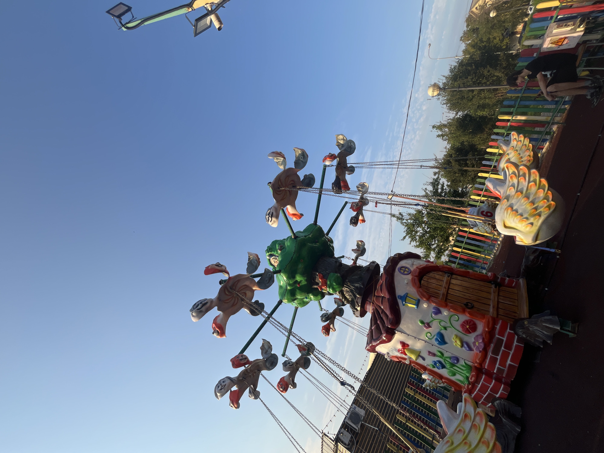 In Astrakhan, Russia, a swing amusement ride is pictured against a clear blue sky. The ride features a central structure resembling a fairytale house, with a tree growing from its top. Hanging from the structure are numerous swings, each with a character-like seat shaped like a bird's head with outstretched wings. The seats are mostly brown and white with red and orange accents. In the foreground, a young male, dressed in a black t-shirt and shorts, is seated on a bench to the right, looking at his phone. The area is enclosed by a multi-colored fence, and behind it, lush green trees are visible. The ride appears to be operating, as some of the swings are extended outward from the center. The overall atmosphere suggests a recreational park or fairground.