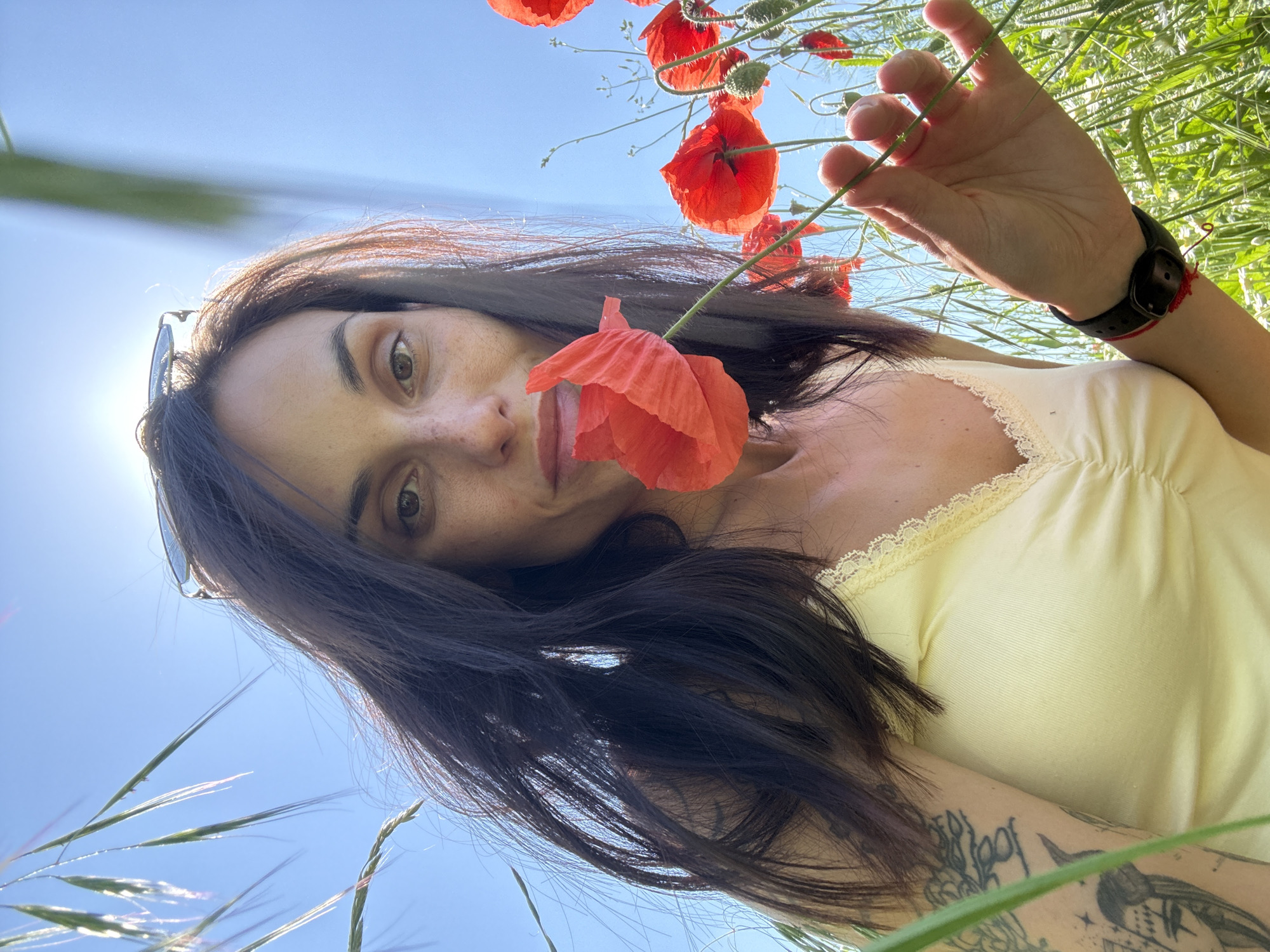 The image is a low-angle selfie of a woman with dark hair, fair skin, and freckles, holding a red poppy flower near her mouth. She is wearing a light yellow top with lace trim. Part of her left arm is visible, showing a tattoo. The background includes more red poppies, green grass, and a bright blue sky. A watch is visible on her wrist. The location is outdoors, likely in a field of poppies. The photo appears to be taken on a sunny day. It is impossible to tell if the location is in the city of Pleven, Bulgaria.
