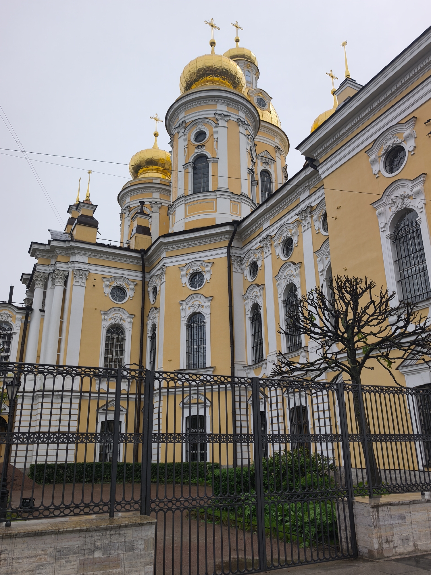 The image depicts a yellow building with white trim and golden domes, likely a church or cathedral, behind a black wrought iron fence. The architectural style is ornate, with many windows and decorative elements. A leafless tree stands in front of part of the building. The sky is overcast. The location is the Chesme Church in Saint Petersburg.