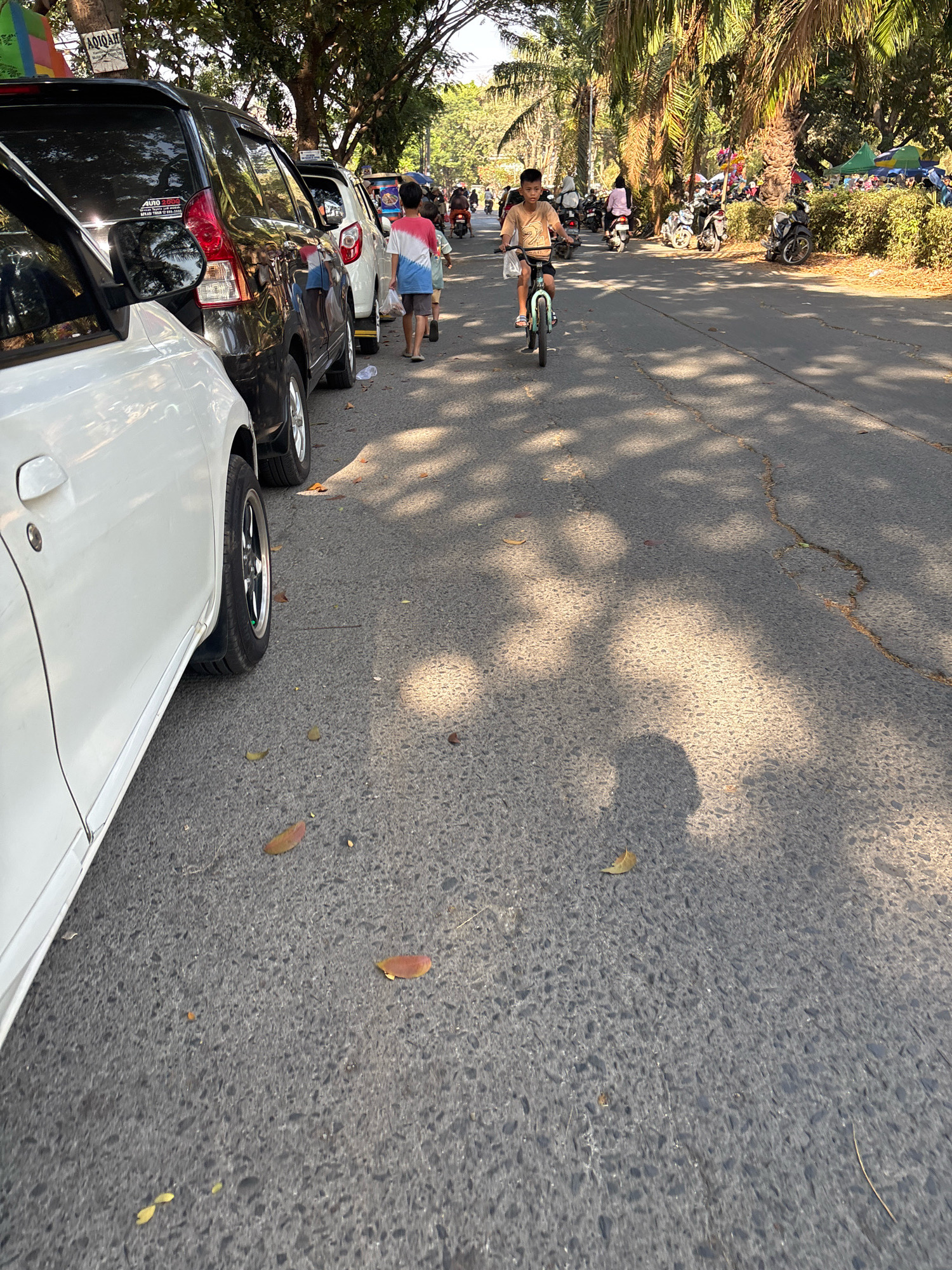 The image depicts a street scene in Telagamurni, Indonesia, with a focus on a row of parked cars on the left side of the road. The cars are predominantly black and white. In the foreground, the side of a white car is visible. The road surface is asphalt, with some cracks and scattered dry leaves. Sunlight casts dappled shadows from trees onto the road and cars. Further down the road, a young boy is riding a bicycle, and several other people, motorcycles, and tents are visible in the background, suggesting a bustling outdoor environment, possibly a market or a public gathering. The background also features lush greenery and palm trees, indicative of a tropical climate.