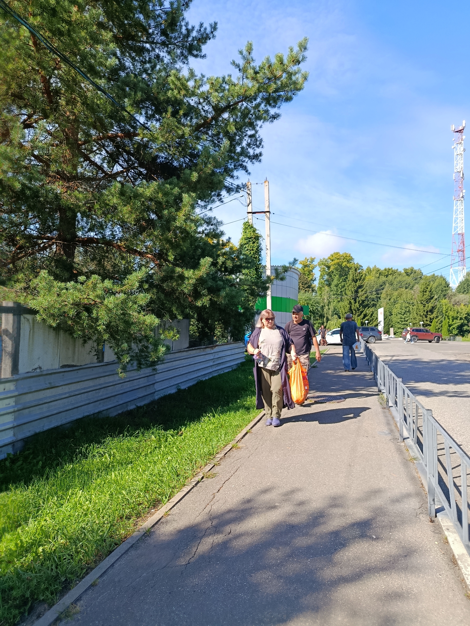 In Vereya, Russia, on a sunny day, two individuals walk along a paved sidewalk next to a grassy verge and a metal fence. A woman in sunglasses and a dark cardigan walks on the left, carrying a light-colored bag. Beside her, a man in a black t-shirt and a dark hat carries an orange shopping bag. Behind them, another man in a blue shirt and jeans walks away from the camera, also carrying a white plastic bag. In the background, cars are parked on a paved area, and a telecommunications tower is visible against a blue sky with scattered clouds. Trees line the background, some with green foliage and others with autumn colors. A construction fence is visible on the left side of the sidewalk.