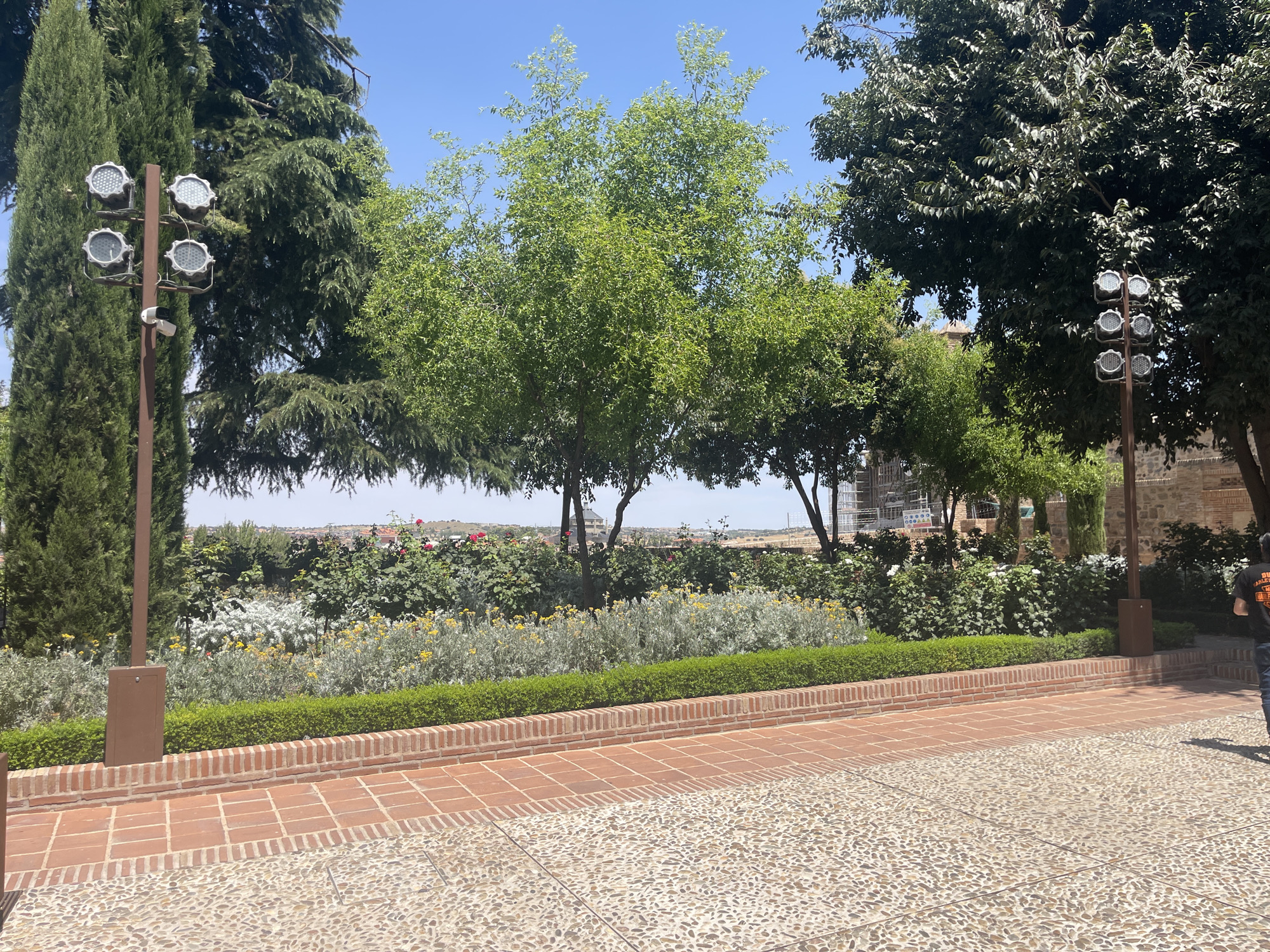 The image shows an outdoor view of a garden area in Toledo, Spain. In the foreground, there is a paved walkway made of light-colored pebbles. Behind the walkway, there is a raised flower bed with a brick border. The flower bed contains various plants, including greenery and some yellow and white flowers. A low, manicured hedge runs along the edge of the raised bed. In the background, there are several trees, including tall evergreen trees and deciduous trees with green foliage. A tall lamppost with four circular lights is visible on the left side of the image. Further in the background, a brick wall and part of a building are visible. The sky is clear and blue. A person wearing a black t-shirt and blue jeans is partially visible on the right side of the image, walking away from the camera. The scene suggests a public garden or park area within the historic city of Toledo.