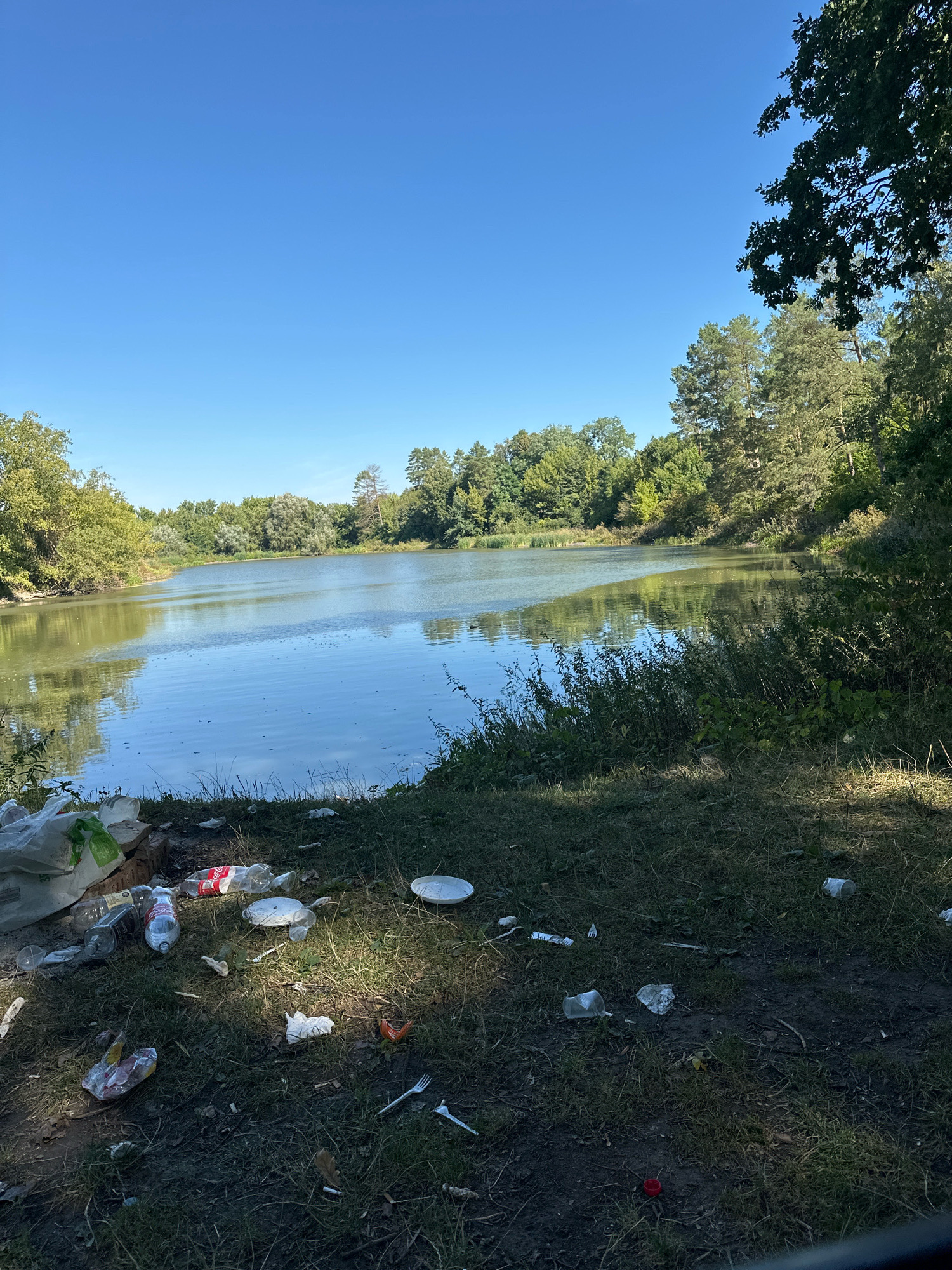 The image depicts a natural setting on a clear day, with a serene lake bordered by lush trees. However, the scene is marred by a significant amount of litter scattered across the grassy bank in the foreground. Various plastic bottles, cups, wrappers, and other debris are visible, indicating a lack of environmental care. The lake itself appears calm and reflects the surrounding greenery and the bright blue sky. The presence of trash suggests this location, likely in or near Makiv, Ukraine, is a public area that has been subjected to irresponsible waste disposal.