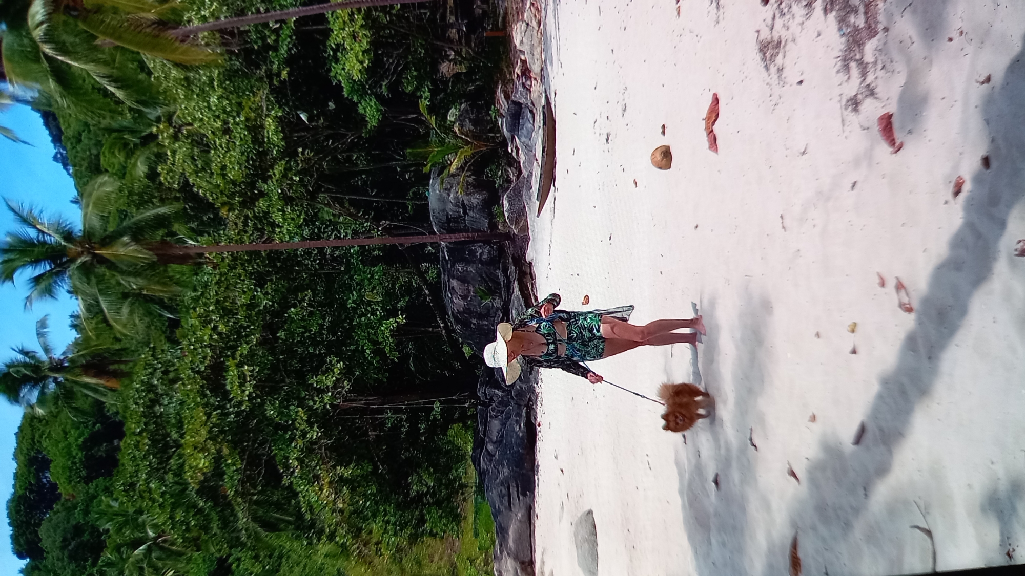 A woman in a white sun hat, green and white tropical print bikini, and a matching sarong walks a small, fluffy brown dog on a leash along a sandy beach. The woman is facing to her left, and the dog is to her left and slightly in front of her. The background is a lush green jungle with palm trees and large rocks. A small, dark wooden boat is partially visible on the beach to the right of the woman. The sand is white, and there are scattered pieces of debris, including a coconut. The sky is a clear blue. The scene appears to be in a tropical coastal area, likely a beach in Thailand.