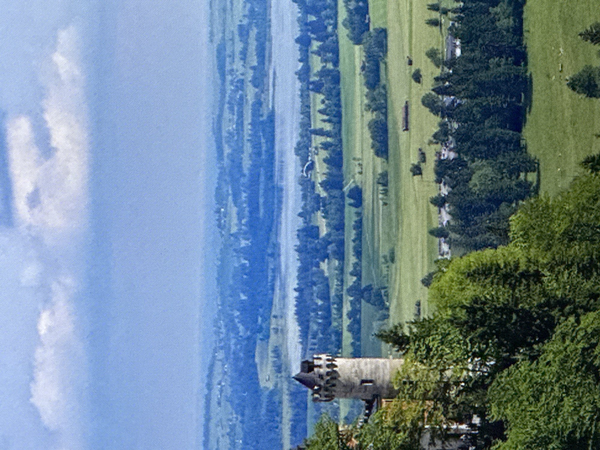 The image depicts a panoramic view of a lush green landscape with a historic castle tower on the left side. The tower is made of stone and has a crenellated top. It appears to be part of a larger structure, with some building elements visible behind it. The foreground is dominated by dense green trees that partially obscure the castle.
Beyond the castle, the landscape stretches out into rolling hills and fields, characterized by vibrant green pastures and scattered clusters of trees. In the distance, a body of water, possibly a lake or a wide river, is visible, reflecting the pale blue sky. The sky itself is partly cloudy, with soft white clouds drifting against a light blue backdrop. The overall impression is one of natural beauty and historical significance.
The prompt requests information about the location in the city of Saratov, Russia, but the image itself does not contain any visual cues or elements that would identify it as being located in Saratov, Russia. There are no recognizable landmarks, architectural styles, or natural features that are specific to that region. Therefore, it is not possible to provide details about Saratov, Russia based solely on the provided image.