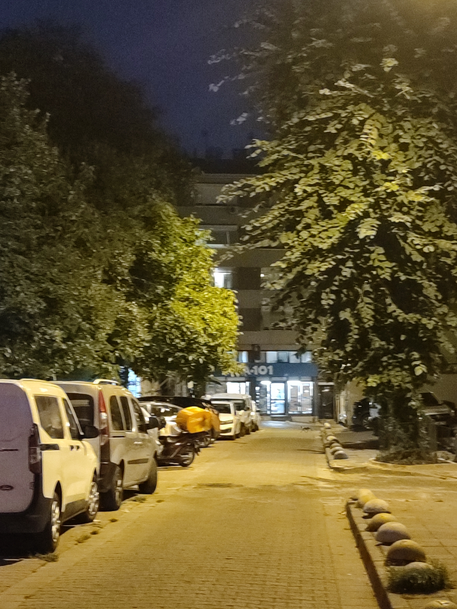 At night in Kadıköy, Turkey, a row of parked vehicles, including vans and a motorcycle with a yellow cargo box, lines a cobblestone street. Large trees with illuminated foliage flank the scene, their branches reaching towards a multi-story building in the background. The building features glowing windows and signage that reads "A-101." A curb with rounded bollards separates the street from a sidewalk. The overall atmosphere is one of a quiet, urban evening.
