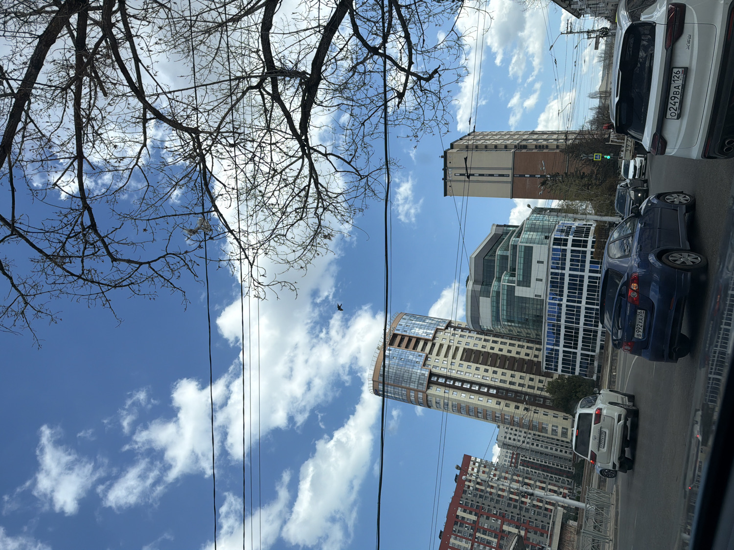 This media file captures an urban street scene on a bright, cloudy day. The image is taken from a low angle, looking upwards and across a multi-lane road.
In the immediate foreground, the silhouetted, leafless branches of a large tree are prominent, occupying the upper left quadrant of the frame and extending across the top. Several black utility wires stretch across the sky, some partially obscured by the tree branches.
Below the tree and wires, the scene opens up to a bustling city street. Several cars are visible on the road. In the middle lane, a blue sedan, possibly a Mitsubishi Lancer, is clearly visible from the rear, displaying the Russian license plate "B 992 XA 76". Further down the street in the right lane, a white SUV, possibly an Audi Q8, is seen from behind with the Russian license plate "O 249 BA 126" and small text "XEQ" on its rear. Another white SUV is partially visible in the foreground. A green traffic light is visible above the cars in the distance.
The background is dominated by a collection of modern high-rise buildings and multi-story apartment blocks. These structures exhibit varying architectural styles, with some featuring reflective glass facades and others constructed with more traditional brick or concrete materials and numerous windows. The sky, a vibrant blue, is dotted with scattered white cumulus clouds. A small, dark bird is visible in flight in the clear sky towards the right side of the image.
The overall impression is that of a typical daytime street in a contemporary city, likely in Russia given the visible license plates. The weather appears fair and sunny, despite the presence of clouds.