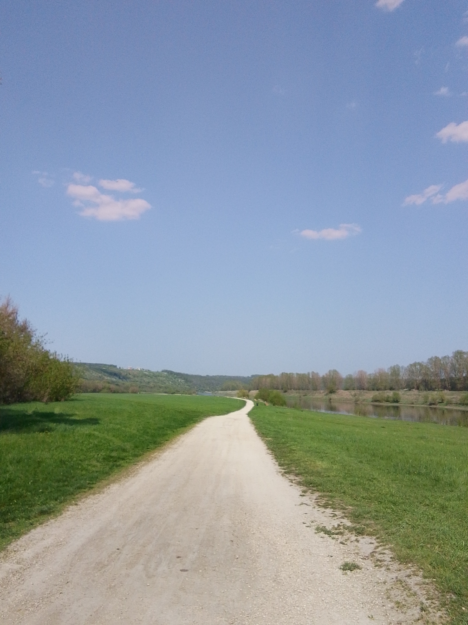 The image depicts a dirt path winding into the distance, bordered by green grass on both sides. To the left, there are some bushes. Further in the distance, the path curves along the edge of a body of water, with trees lining the opposite bank. In the background, a hill is visible. The sky is blue with scattered clouds. The image likely comes from Каменка, Russia, since that was one of the instructions.