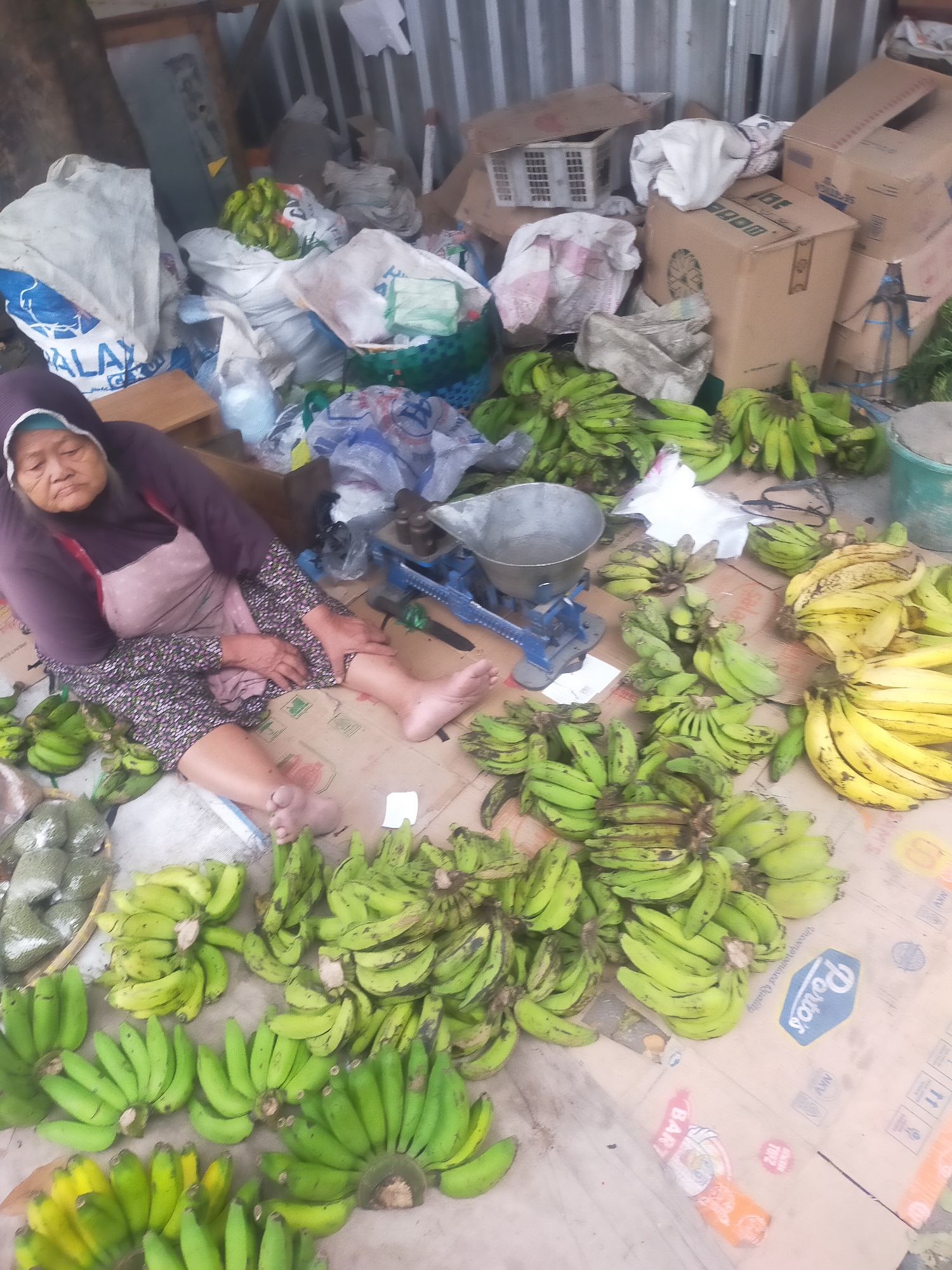 The image depicts an outdoor market scene in Slawi, Indonesia, with a significant quantity of bananas displayed. A woman, appearing to be an elderly vendor, is seated on the ground amidst the produce. She is wearing a dark purple headscarf and a light-colored apron over a patterned dress. Her legs are extended, and she is looking downwards. The ground is covered with cardboard boxes and plastic sheeting, indicating a temporary or informal market setup. Piles of green and yellow bananas are arranged in bunches on the ground and in some containers. A blue weighing scale with a metal basin is visible, suggesting the sale of produce by weight. Other items in the background include sacks, plastic bags, and possibly other fruits or vegetables. The overall environment appears somewhat cluttered, typical of a bustling local market.
