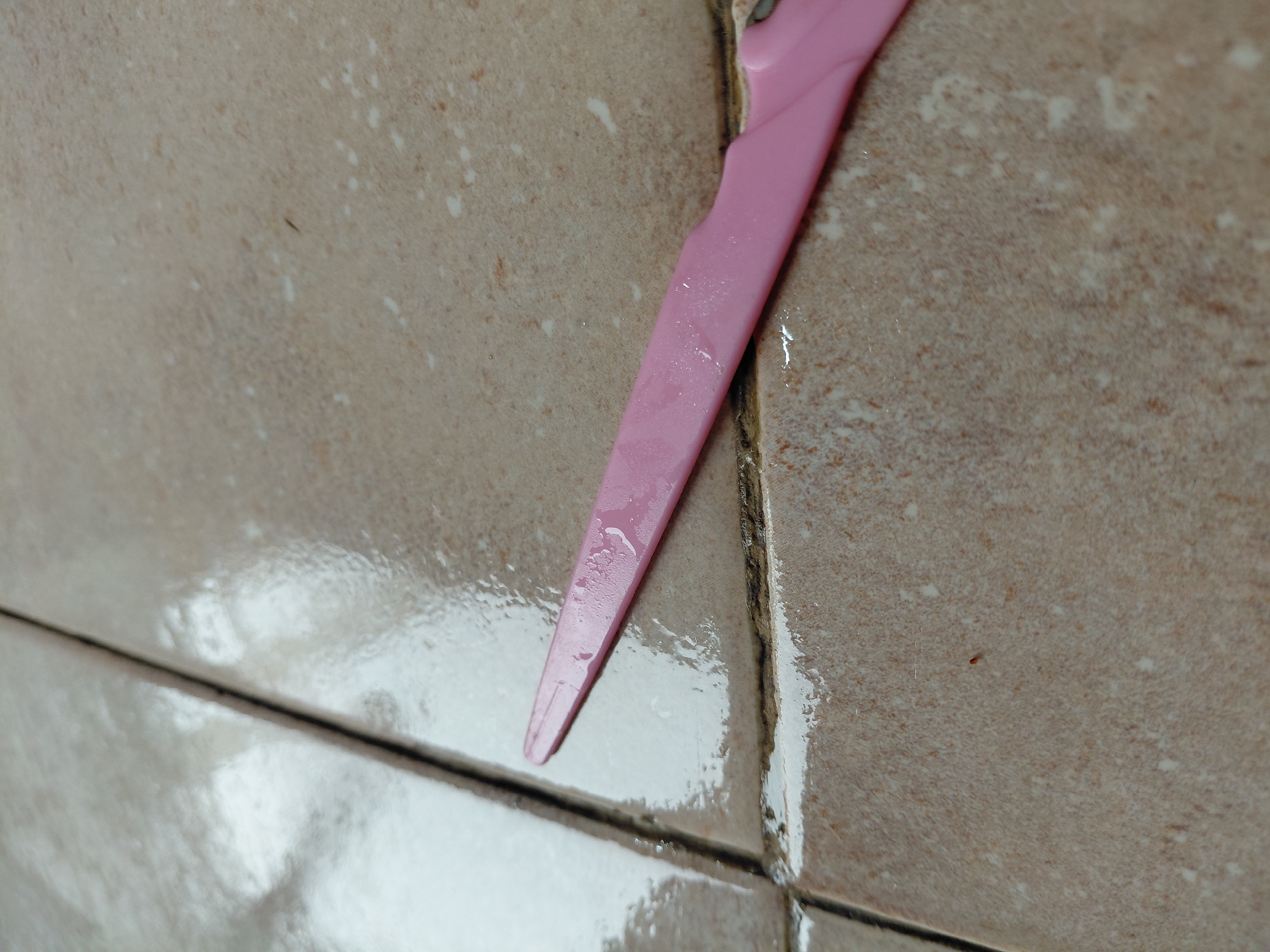 The image presents a close-up view of a wet, tiled surface, likely an indoor setting in Santa Ana, Venezuela. A bright pink plastic object, which appears to be the handle and part of the blade of a pair of scissors, is positioned diagonally across the tiles. The pink object is visibly wet, covered with numerous small water droplets. The tiles are a light brown or beige color, characterized by an irregular pattern of lighter speckles and slight texture. Dark grout lines separate the tiles, and standing water is visible both on the tile surfaces and within the grout, reflecting ambient light. The presence of water suggests a recently wet or currently damp environment. No people, specific activities, or visible text are present in the frame.