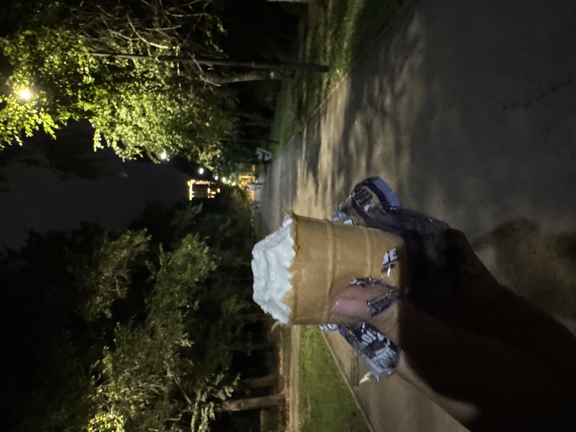 A person's hand is holding a vanilla ice cream cone in a waffle cone, with the cone wrapper partially visible. The hand is in the foreground on the left side of the image. The background shows a paved pathway in a park at night, illuminated by streetlights and lights from a building in the distance. Trees line both sides of the pathway, and grass is visible on the left. The scene appears to be a pleasant evening stroll in a city park, possibly in Almaty, Kazakhstan, given the context of the prompt. The overall atmosphere is calm and relaxed.