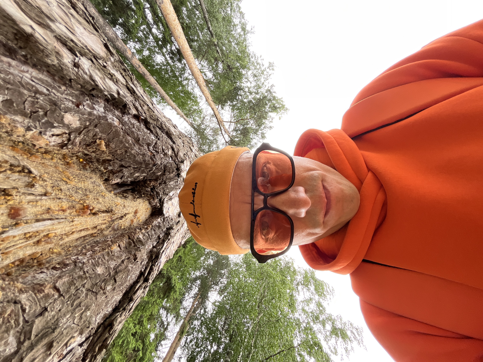 The image is a low-angle, wide-angle selfie portrait of a person outdoors in Chaikovsky, Russia. The subject, positioned on the right side of the frame, is wearing a bright orange hooded sweatshirt and a matching orange beanie. They are also wearing black-framed sunglasses with orange-tinted lenses, which obscure their eyes, but a neutral to slightly smiling expression is visible.
On the left side of the frame, a large tree trunk with rough, textured bark extends upwards. Some areas of the bark show visible patches of amber-colored sap or resin. The background, visible around the person and the tree, consists of a bright, possibly overcast, sky and the green foliage of other trees, indicating a natural setting such as a forest or park. The perspective is from below, looking up, which emphasizes the height of the tree and the person's head. On the orange beanie, there is a black, stylized script or logo that is illegible due to resolution and angle. The scene depicts a casual outdoor moment during daylight hours.