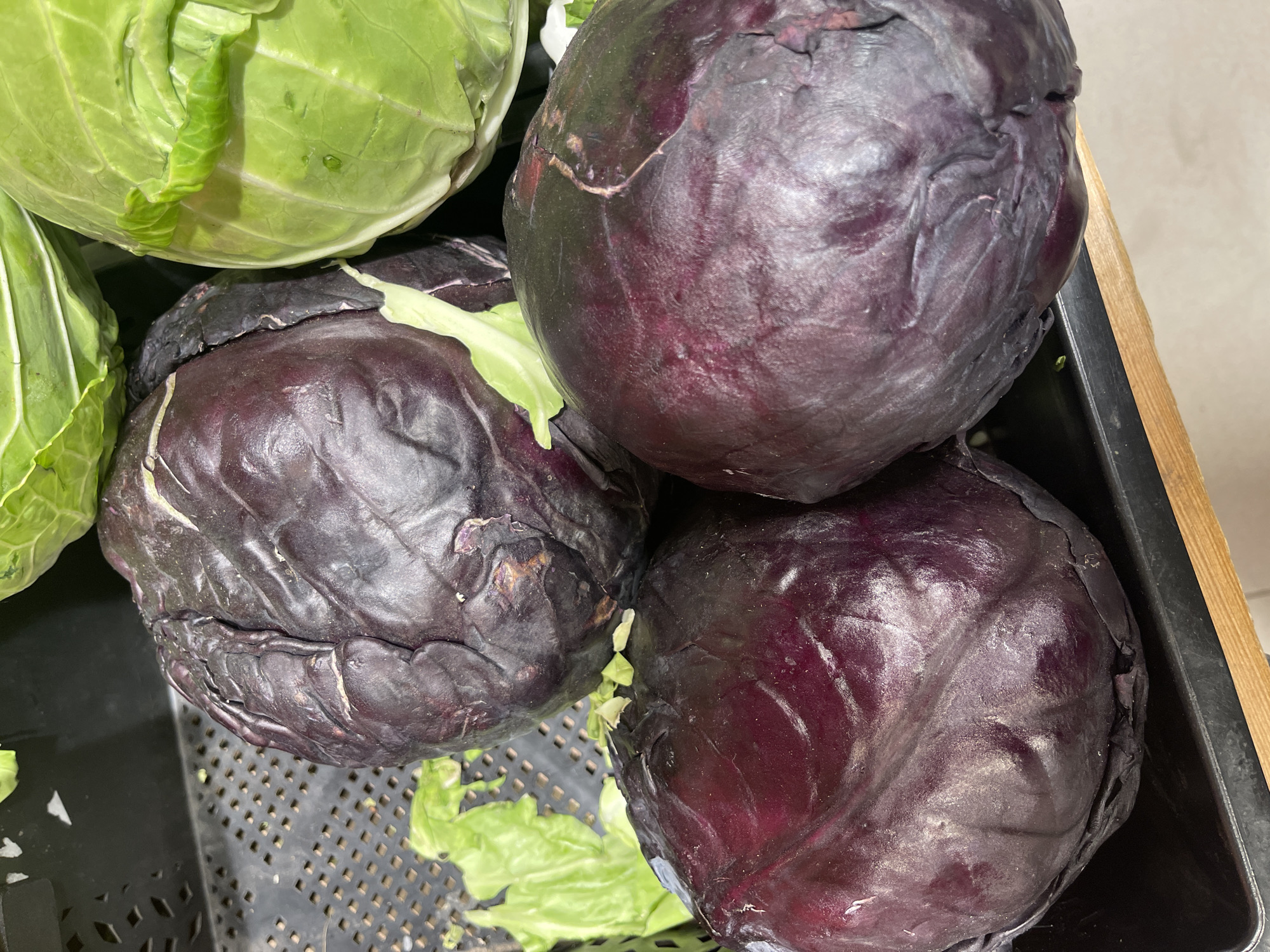 This close-up, overhead shot captures several heads of cabbage displayed in a retail setting, likely a grocery store or market in Moscow, Russia. The primary subjects are a collection of three large, dark purple-red cabbages, which dominate the central and lower portions of the frame. These cabbages feature tightly packed, rich-colored leaves, with some showing minor creases or a slight crack on their outer surface.
In the upper left quadrant, a portion of a vibrant light green cabbage is visible, providing a strong color contrast to the darker varieties. Another light green cabbage is partially seen on the far left. The cabbages are nestled within a black, perforated plastic crate, which serves as their container. Scattered among the cabbages and on the bottom of the crate are a few loose, light green cabbage leaves. A light brown wooden surface, possibly part of a display shelf, is visible along the right edge of the image. The scene is brightly lit, typical of an indoor commercial environment. There are no people or visible text in the image.