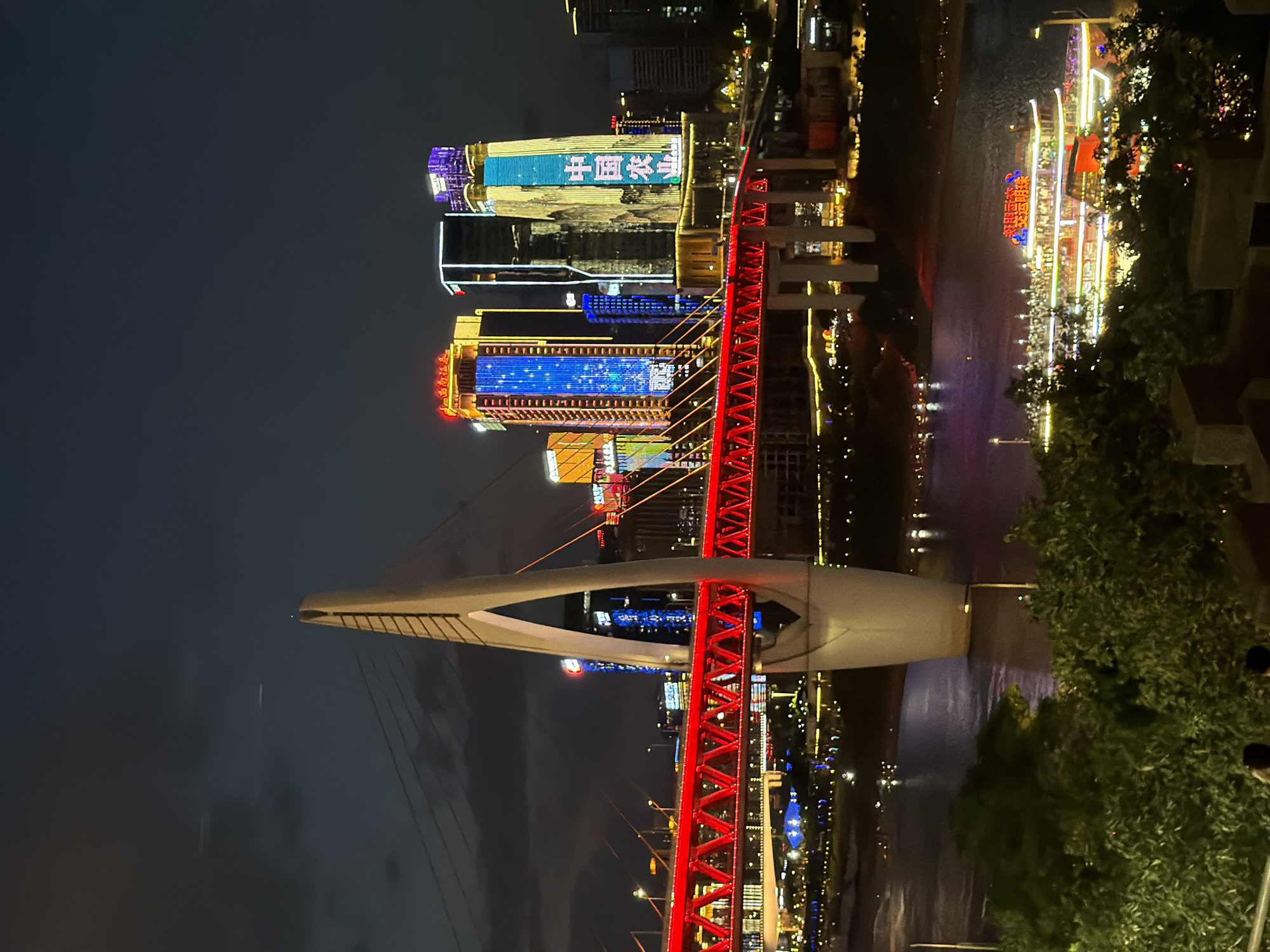 The image shows a nighttime view of the Hongyadong area in Yuzhong District, Chongqing, China. A modern cable-stayed bridge illuminated with red lights spans across a body of water in the foreground. The bridge's white concrete tower is a prominent feature. In the background, several tall buildings are adorned with bright, colorful lights and illuminated signs, with Chinese characters visible on some of them. One building displays a large graphic image. Below the bridge, on the water, a multi-decked passenger boat with numerous lights and signage is visible. Trees and foliage are in the lower portion of the frame, partially obscuring the view of the water and the boat. The sky is dark, indicating nighttime, with a few faint clouds. There are also faint light trails in the sky, possibly from an airplane. Two individuals are partially visible at the very bottom of the image, suggesting they are observers.