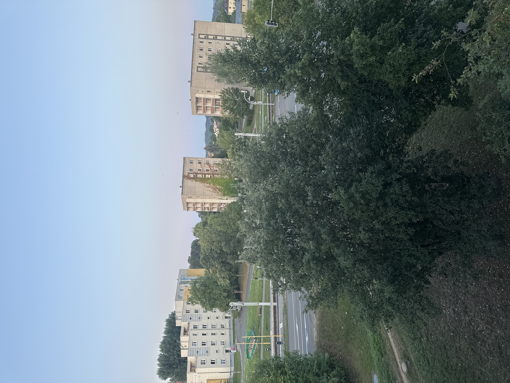 This image shows a view of a residential area in a city at dusk. In the foreground, there are several large, leafy trees. In the middle ground, there is a road with some traffic, a sidewalk, a tram line, and a grassy area with a bench. In the background, there are several multi-story apartment buildings, some of which are light-colored and modern, while others are older and made of concrete. The sky is a clear, light blue, indicating that the sun has recently set. There are no people visible in the image.