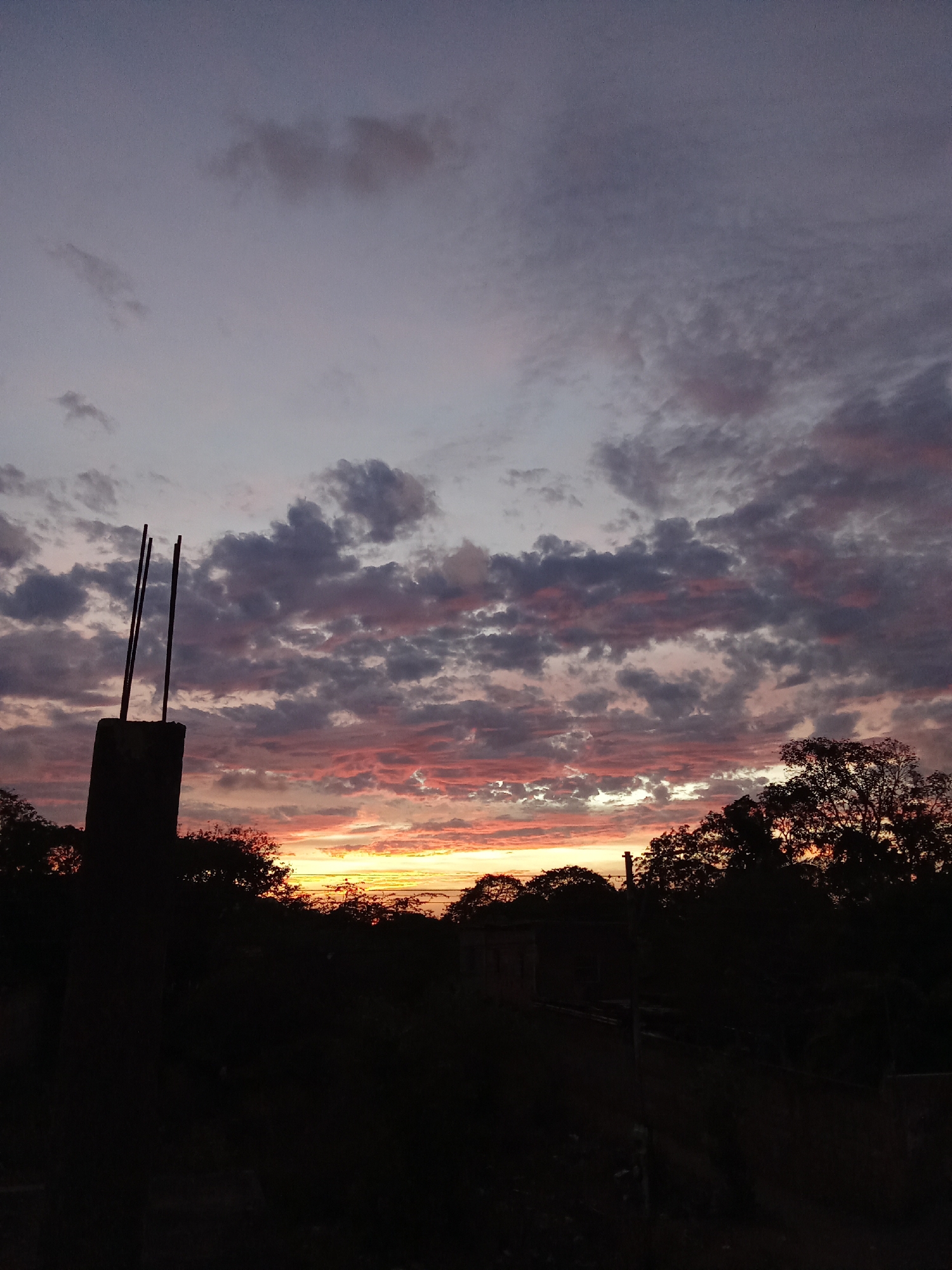 The image depicts a sunset in Juan Griego, Venezuela. In the foreground, there is a dark silhouette of trees and vegetation, obscuring most of the ground-level details. A concrete structure with three metal rods protruding from the top is visible to the left of the trees. The sky is filled with clouds, transitioning from a deep violet and gray at the top to pink and orange near the horizon where the sun is setting. The clouds have a layered texture. The scene appears to be shot from a slightly elevated position.