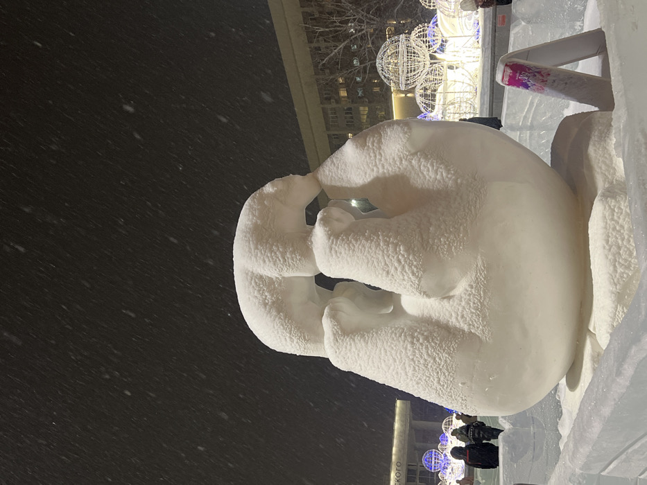 The image depicts a nighttime scene in Teatralnaya Square, Krasnoyarsk, Russia, during a heavy snowfall.
In the foreground and midground, a large snow sculpture is centrally positioned, portraying four intertwined polar bears arranged in a spherical, interlocking formation. The sculpture, covered in a fresh layer of fine snow, rests on a sculpted ice base within a low, rectangular ice enclosure. To the immediate right of the sculpture, a small, A-frame sign, partially obscured by snow, displays a pink and purple graphic element.
In the left background, the classical facade of the Krasnoyarsk State Opera and Ballet Theatre is visible, featuring columns and an architectural overhang. Partial Cyrillic text, "СКОГО", consistent with the theatre's full name (Hvorostovsky), is discernable on the building. Below the theatre, several individuals, dressed in winter attire, are visible, appearing to observe the surroundings. Festive spherical light installations, illuminated in blue and white, are situated between the people and the building.
In the right background, a multi-story building with several illuminated windows stands, indicating urban infrastructure. Bare trees are visible, consistent with a winter environment. Additional spherical light installations, similar to those on the left, are present. The sky is dark, with numerous individual snowflakes clearly visible, indicating active precipitation.