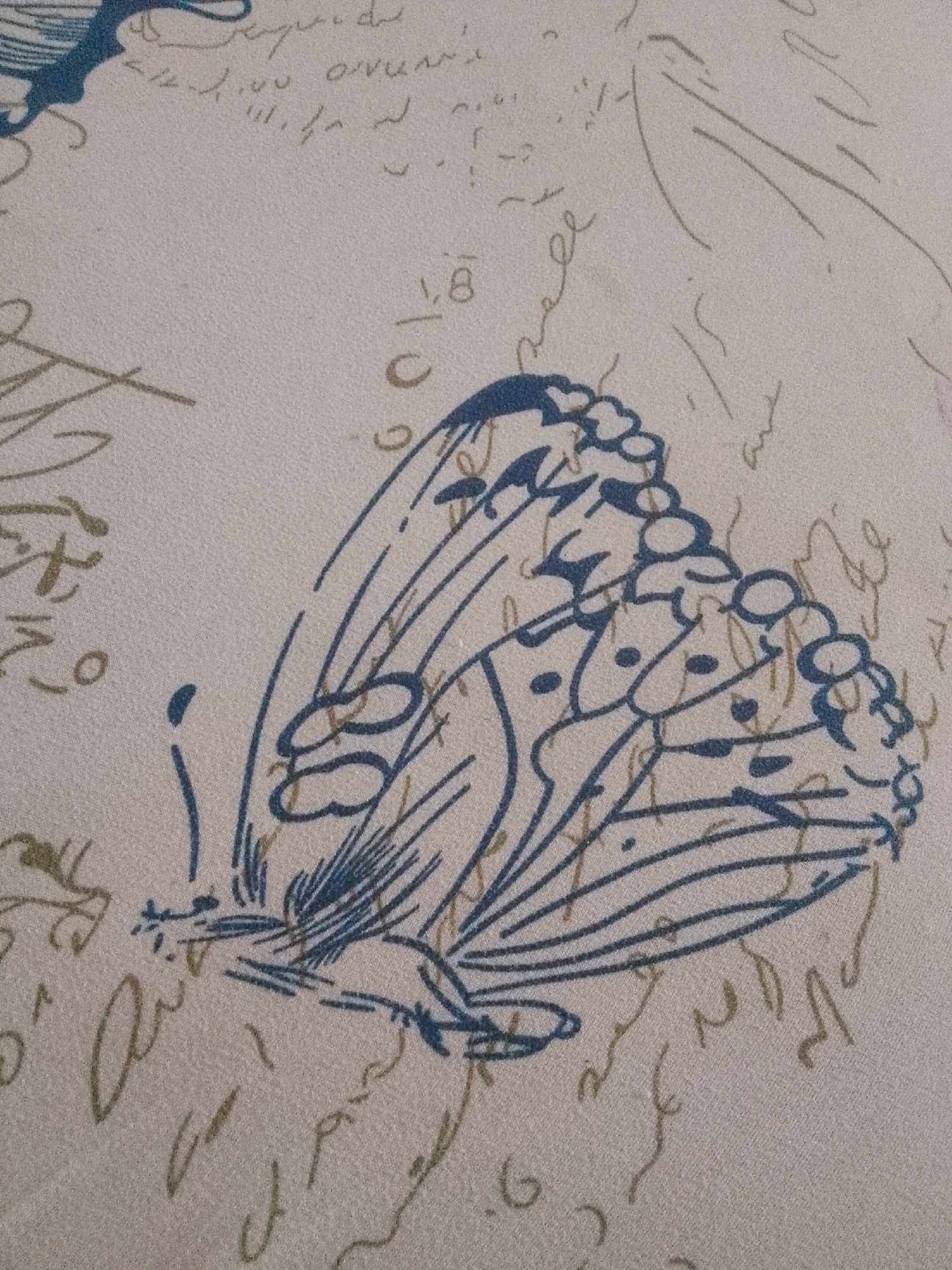 The image displays a close-up, eye-level view of a patterned fabric. The fabric has a light, neutral background with a repeating pattern of stylized butterflies and script-like markings. The butterflies are depicted with dark blue outlines and some have brown accents within their wings. The script is in a muted brown and appears to be a decorative element rather than legible text. The lighting is even, and there is no indication of a specific location in Karangan, Indonesia, or any people or actions. The focus is solely on the texture and design of the fabric.