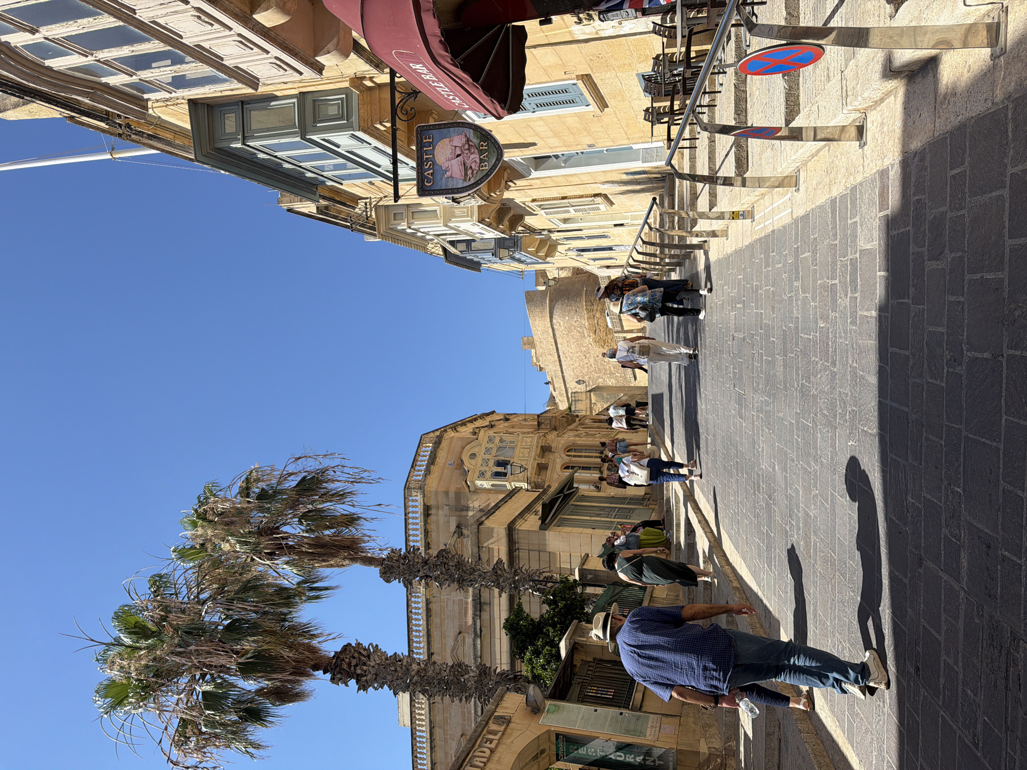 The image captures a sunny day on a steep, cobbled street in Victoria, Malta. Two tall palm trees with dried fronds stand on the left side of the street, framing the entrance to an archway labeled "Citadella Restaurant". The buildings lining the street are made of honey-colored stone, with characteristic Maltese balconies. A sign for "Castle Bar" hangs over the entrance to a bar on the right. Several people, appearing to be tourists, are walking up the street. Some are carrying backpacks, and one man in the foreground is wearing a blue checkered shirt and jeans, holding a water bottle. The street slopes upwards, with stone steps and metal railings on the right side. The sky is a clear, bright blue.