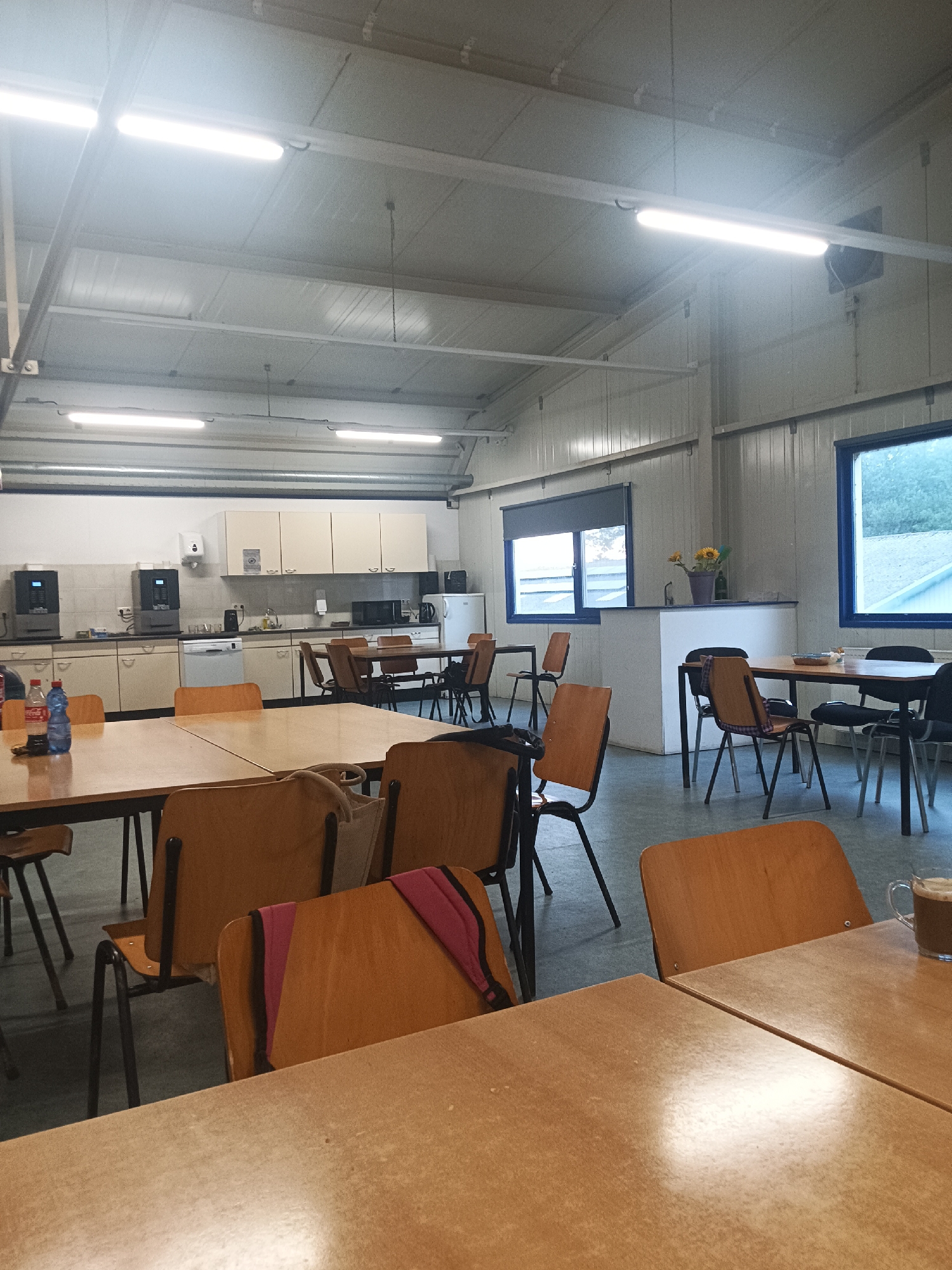This image depicts the interior of a communal dining or break area, possibly a canteen or cafeteria, situated in Sexbierum, Netherlands. The room is well-lit by fluorescent ceiling lights and features multiple tables and chairs.
In the foreground, a light brown wooden table is visible, with another table partially obscured behind it. Several chairs with wooden seats and backs, and black metal frames, are positioned around the tables. One chair has a pink garment draped over its back.
In the mid-ground, more tables and chairs are arranged, some with occupants, though their faces are not clearly visible. To the left, a kitchen or kitchenette area is present, with countertops, cabinets, a sink, dishwashers, and what appear to be coffee machines. Two windows with blue frames are visible in the background, offering views of the exterior, which seems to be an outdoor landscape or open space. One window has a plant in a pot on the windowsill.
The overall impression is one of a functional, utilitarian space designed for communal use, likely within a business or institutional setting. The lighting is bright, and the furniture appears durable and practical. The presence of coffee machines and the general layout suggest a place for staff or residents to take breaks and meals.