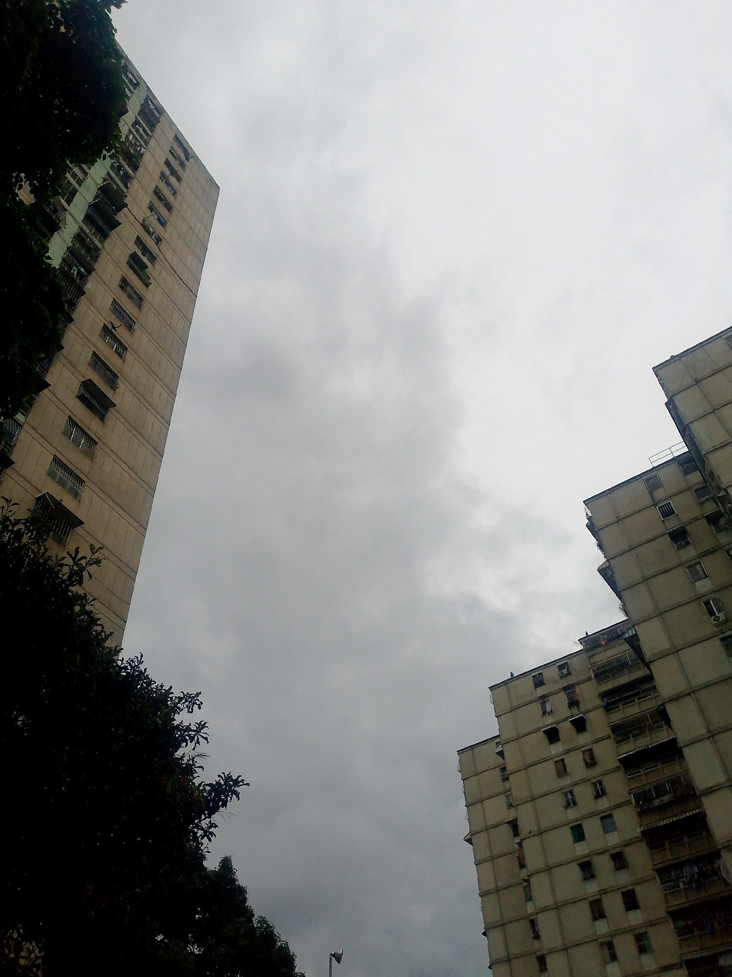 The image captures a low-angle view of residential buildings in Caracas, Venezuela, under a cloudy sky. On the left, a tall apartment building with a cream-colored facade, windows, and protruding structures, is partially obscured by a tree. To the right, a complex of similar but slightly smaller buildings rises. The architecture suggests mass housing. The sky is overcast with gray clouds. The overall atmosphere is somber and urban.