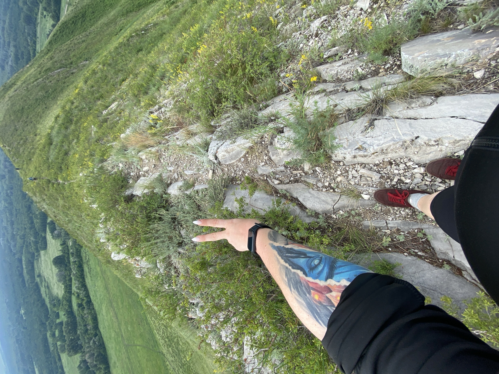 An individual's arm, adorned with a vibrant tattoo of a blue-eyed creature, is held up, displaying a peace sign with two fingers. They are wearing a black jacket and a black smartwatch. The person is standing on a rocky, grassy slope, wearing red athletic shoes. In the background, a lush green valley stretches out below a distant, tree-covered hill. The image captures a moment on a mountain trail in Verkhnyaya Chernorechka, Russia, with people visible walking further up the summit in the distance.